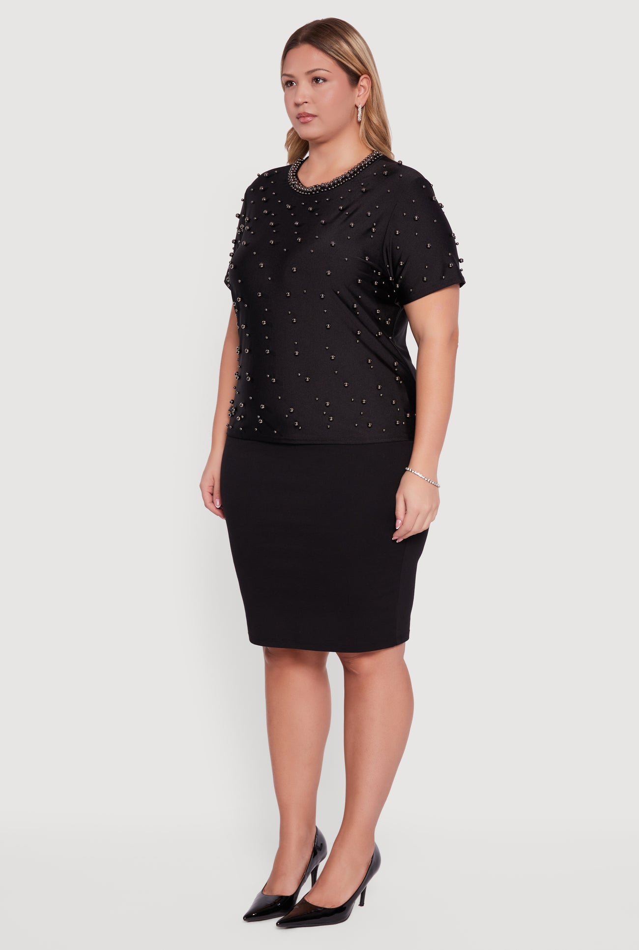 Plus Size Faux Pearl Studded Short Sleeve Blouse
