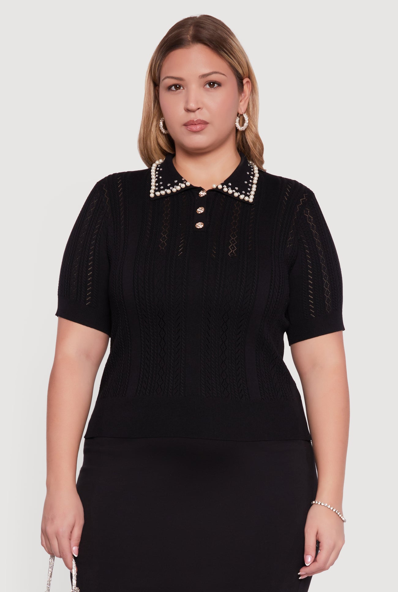 Plus Size Rhinestone and Faux Pearl Detail Pointelle Blouse