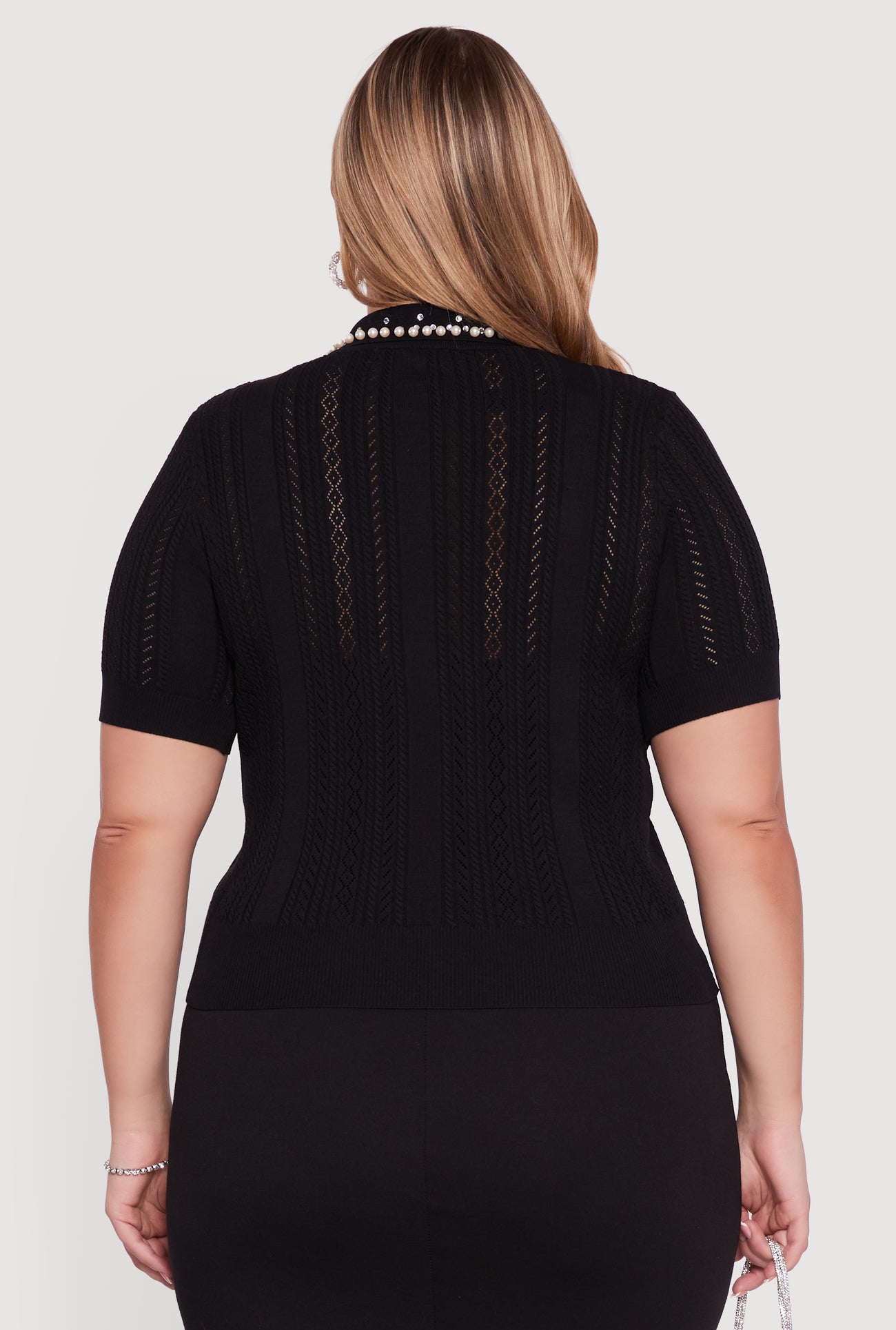 Plus Size Rhinestone and Faux Pearl Detail Pointelle Blouse