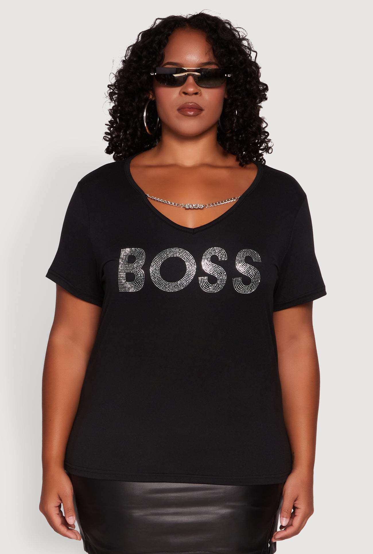 Plus Size Chain Detail Rhinestone Boss Top