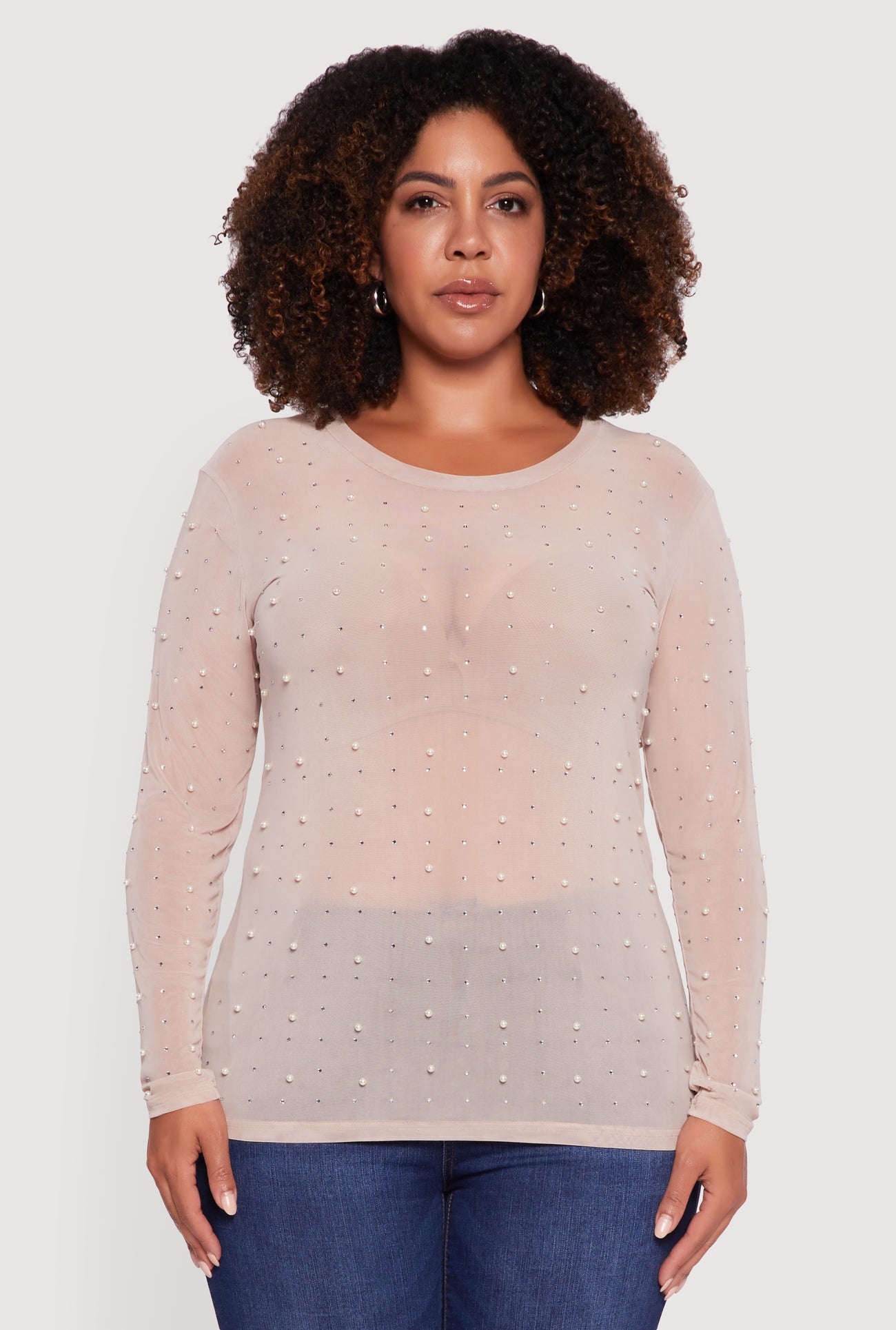 Plus Size Sheer Mesh Top with Faux Pearls and Rhinestones
