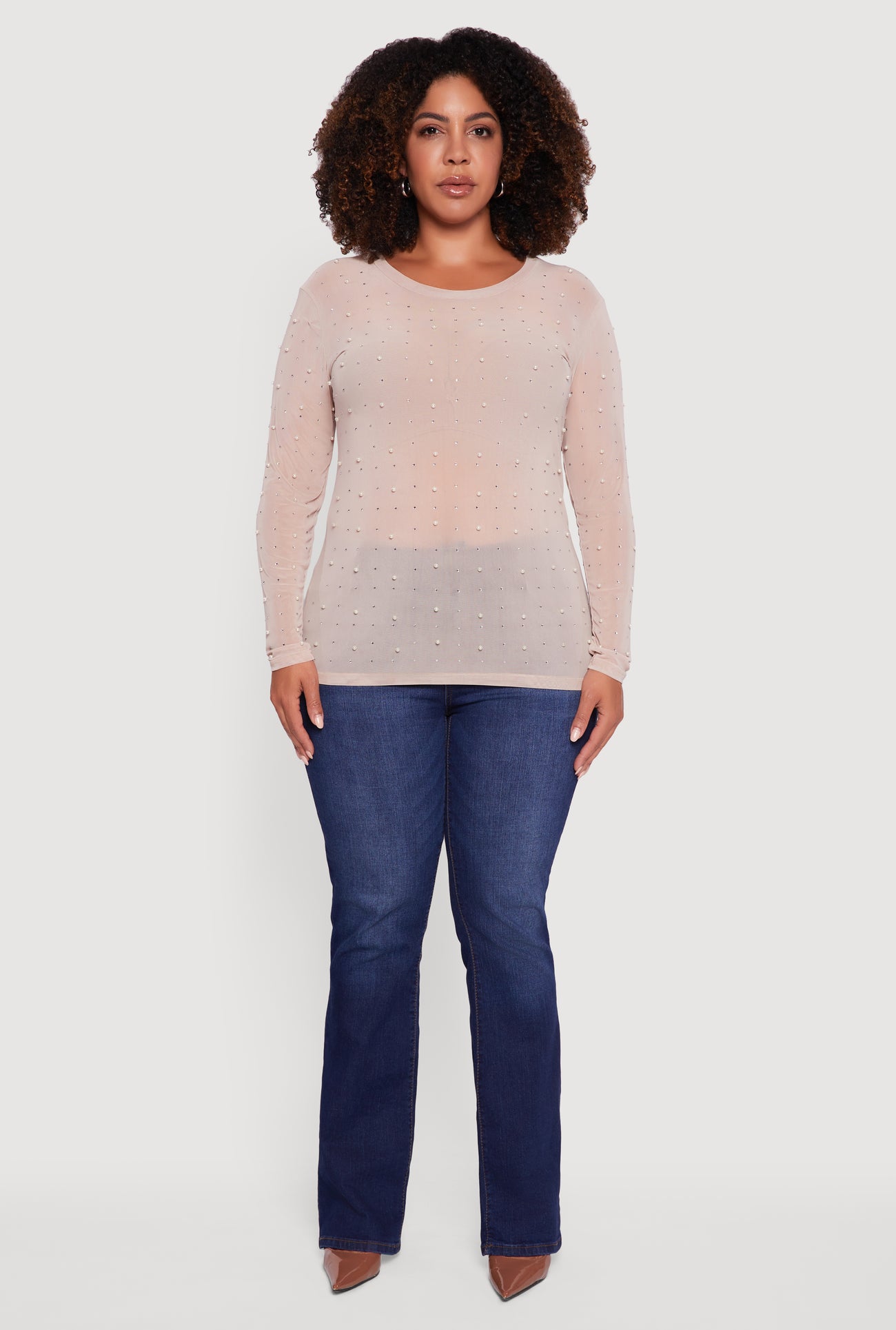 Plus Size Sheer Mesh Top with Faux Pearls and Rhinestones