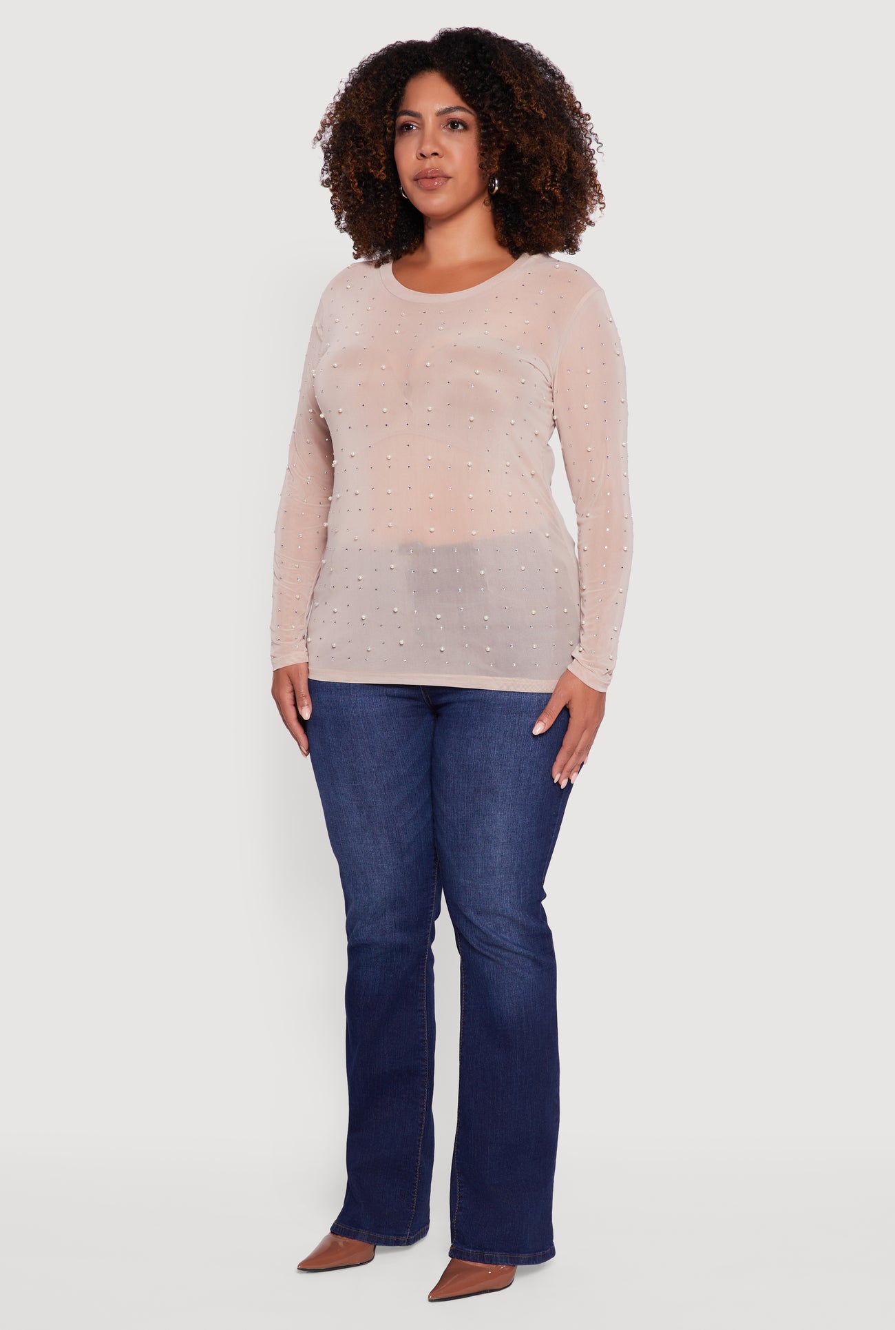 Plus Size Sheer Mesh Top with Faux Pearls and Rhinestones