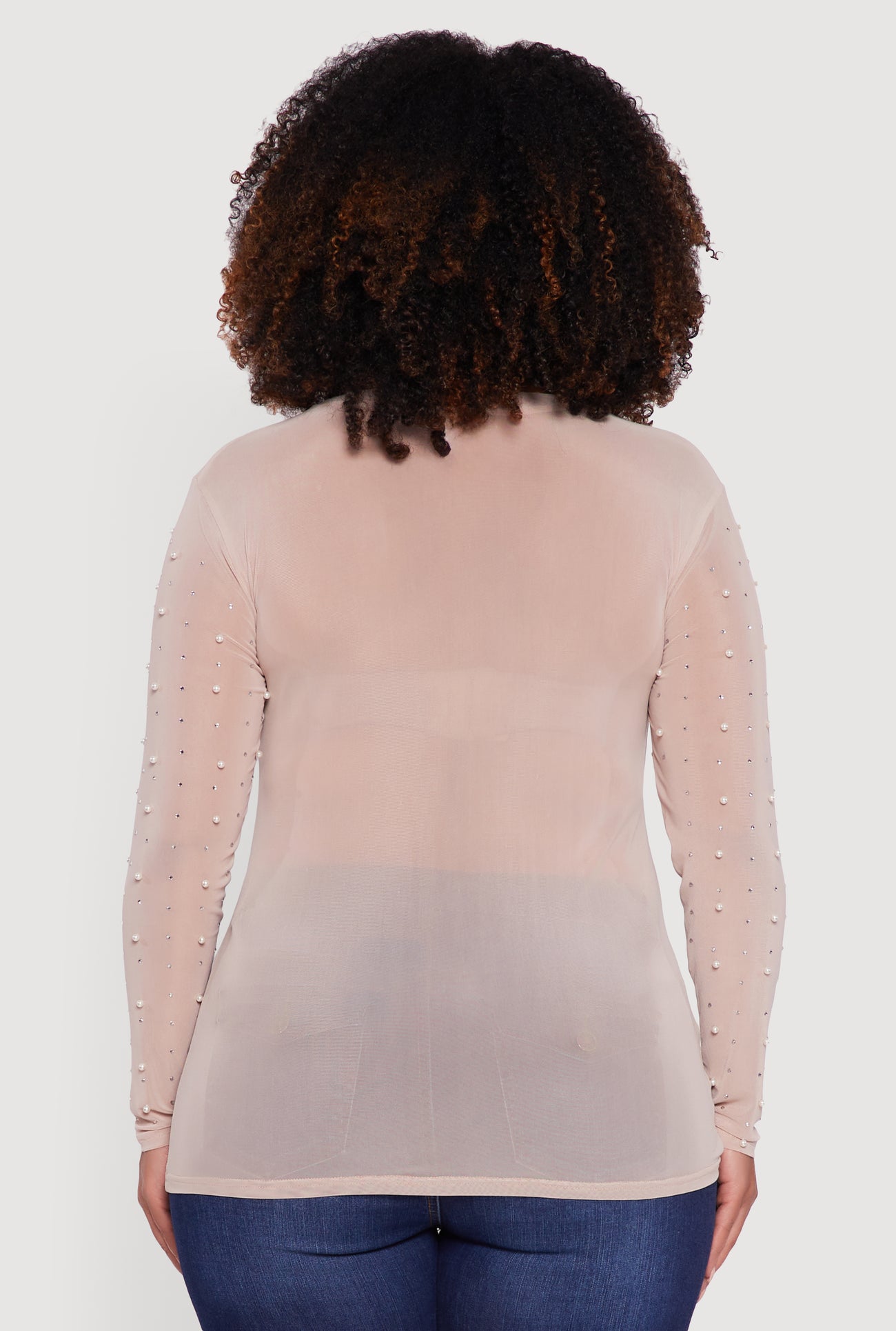 Plus Size Sheer Mesh Top with Faux Pearls and Rhinestones