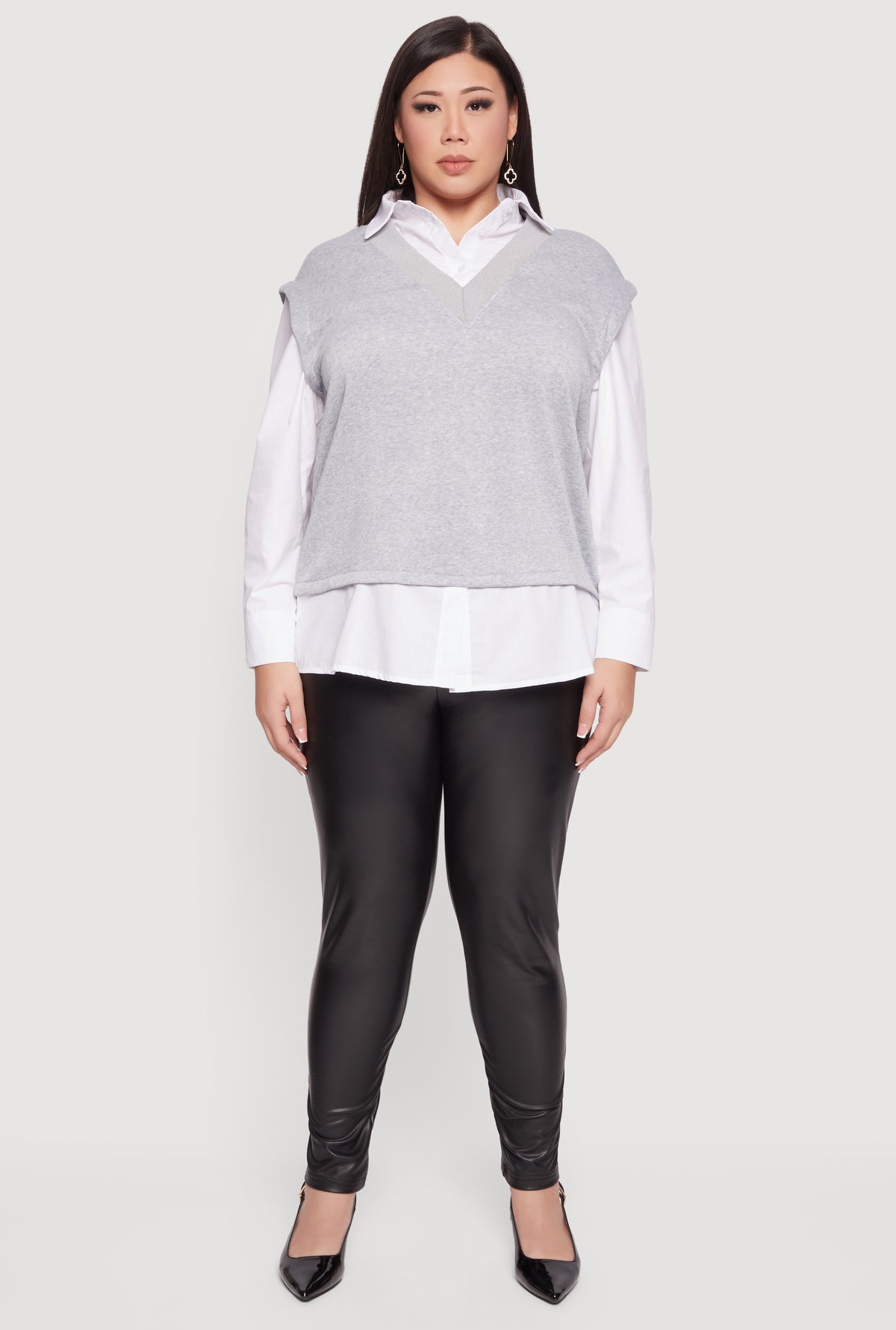 Plus Size Shirt Collar Layered Look Vest