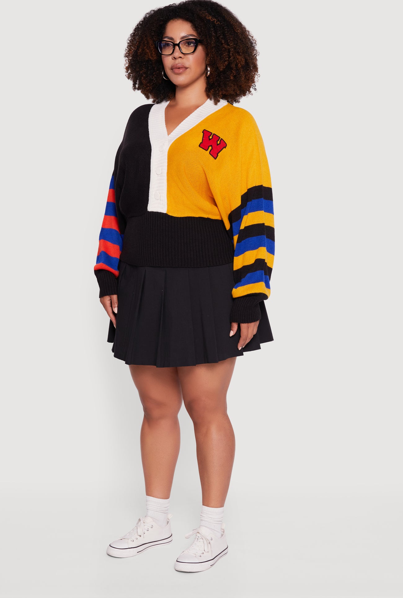 Plus Size Color Blocked Striped W Patch Graphic Sweater