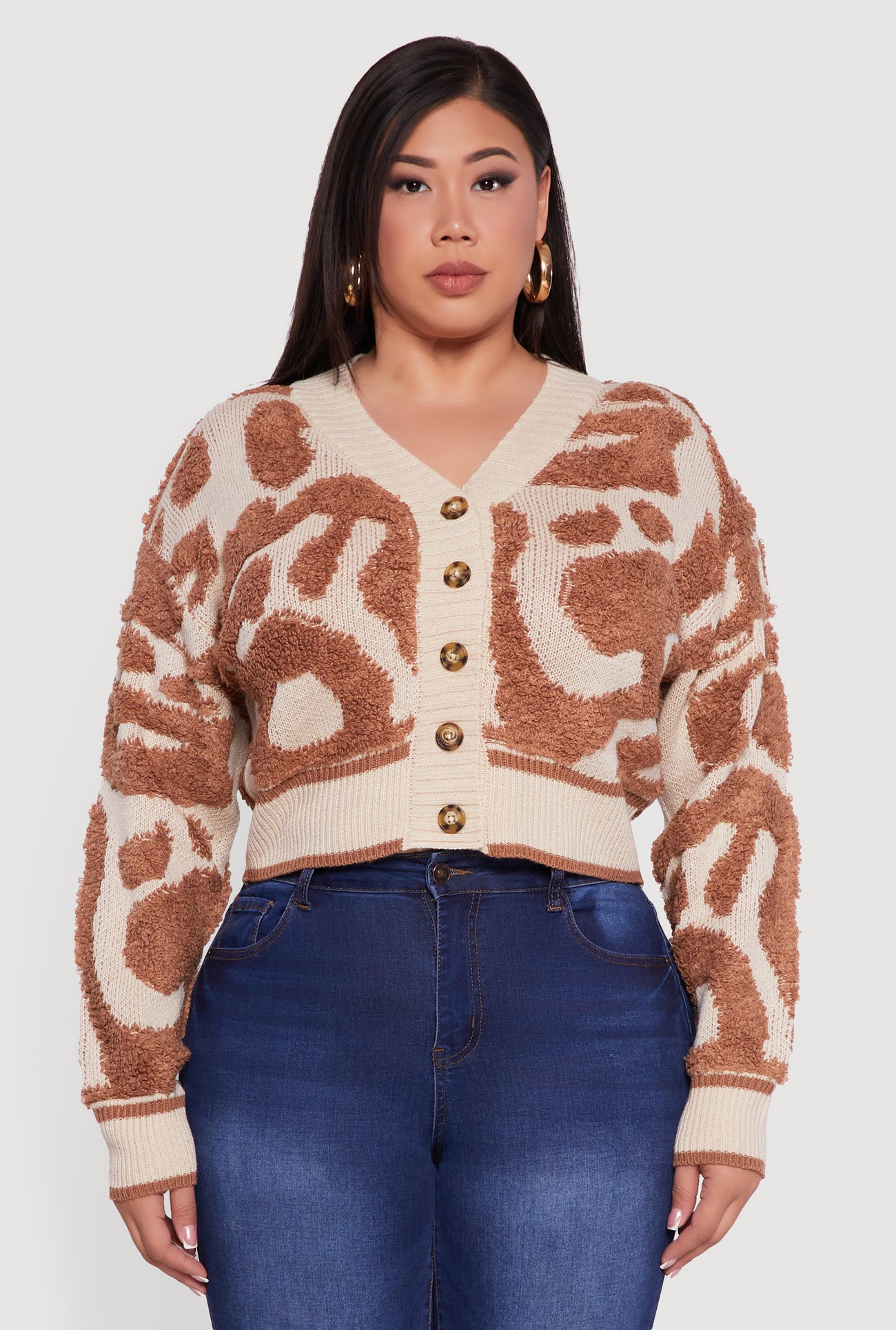 Plus Size Tufted Knit Cropped Button Front Cardigan
