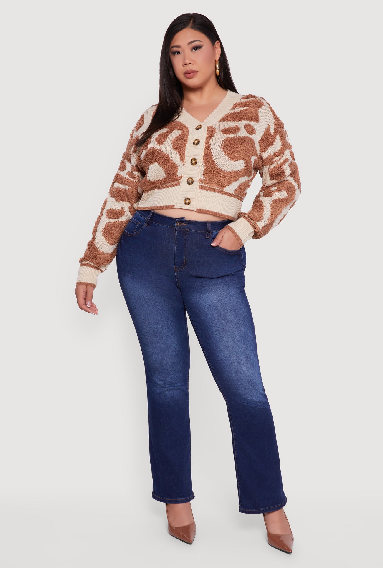 Plus Size Tufted Knit Cropped Button Front Cardigan