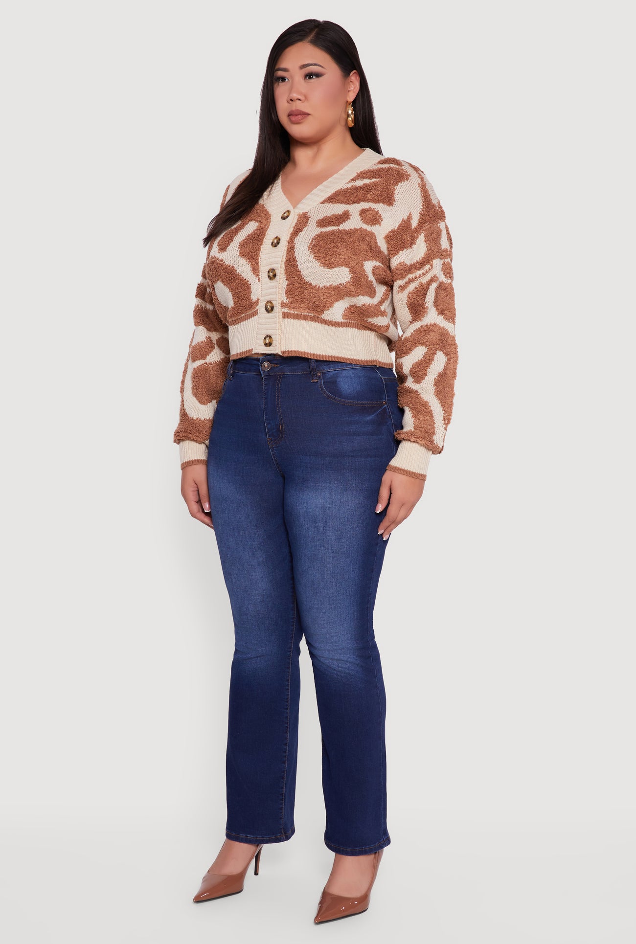 Plus Size Tufted Knit Cropped Button Front Cardigan