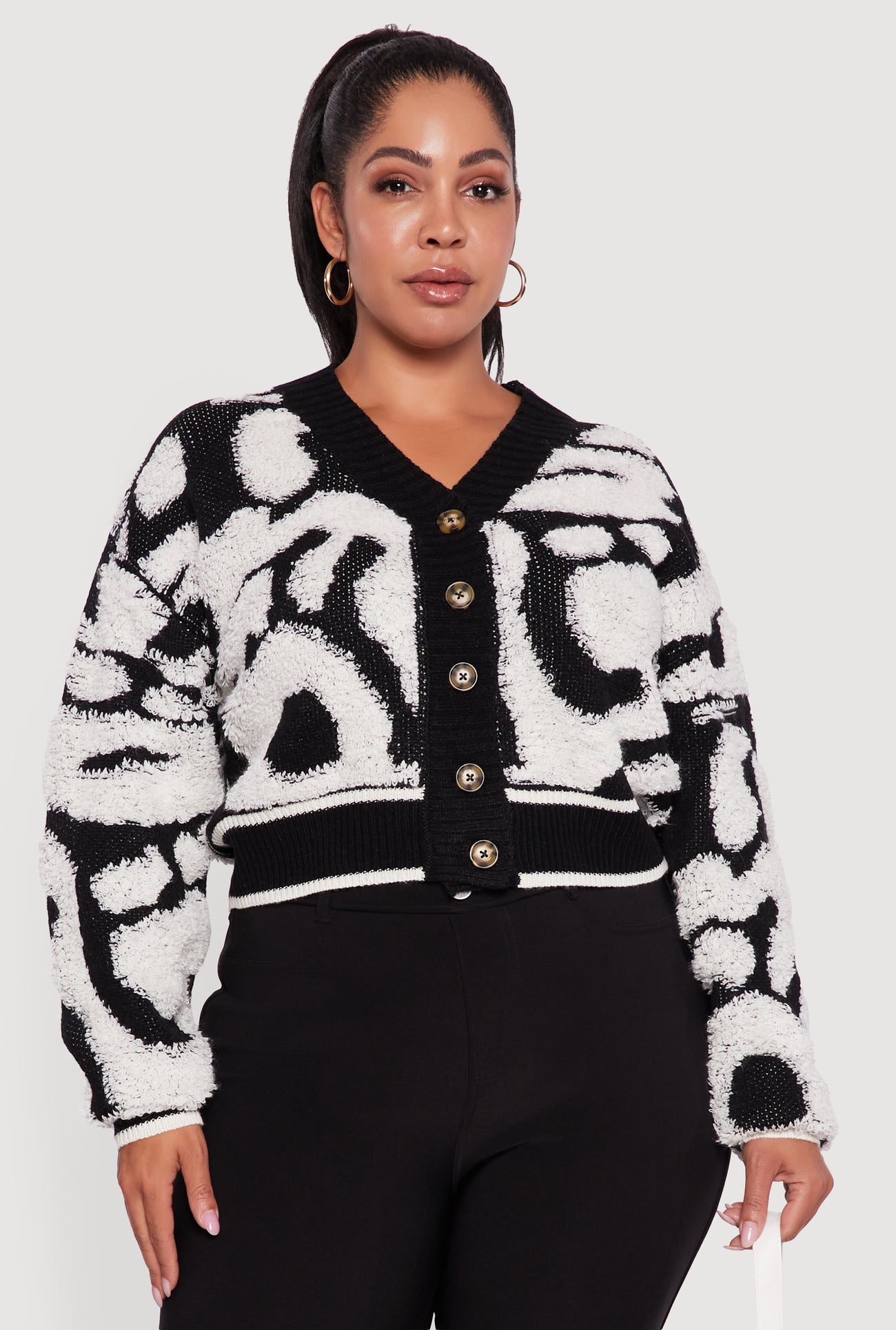 Plus Size Tufted Knit Cropped Button Front Cardigan