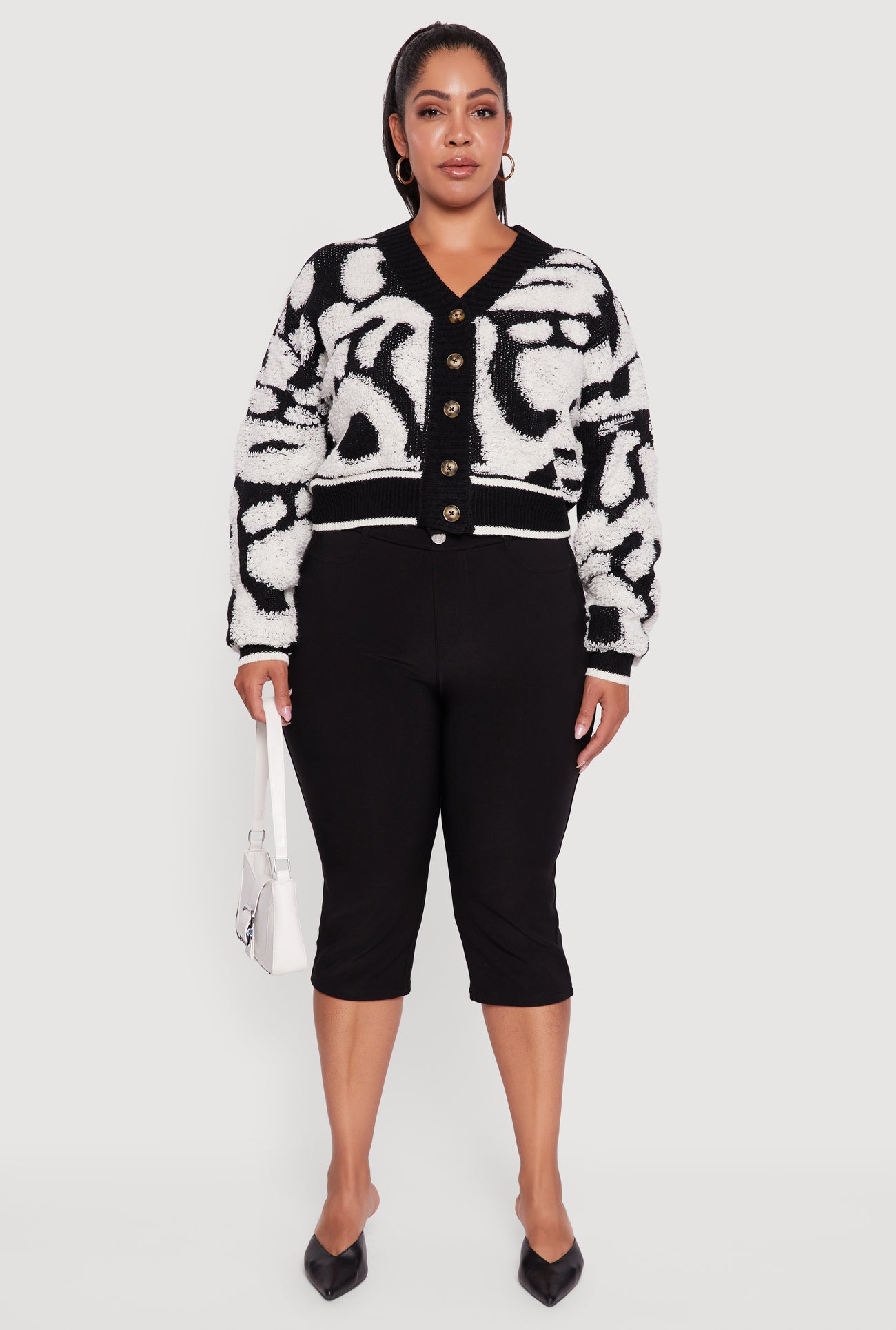 Plus Size Tufted Knit Cropped Button Front Cardigan