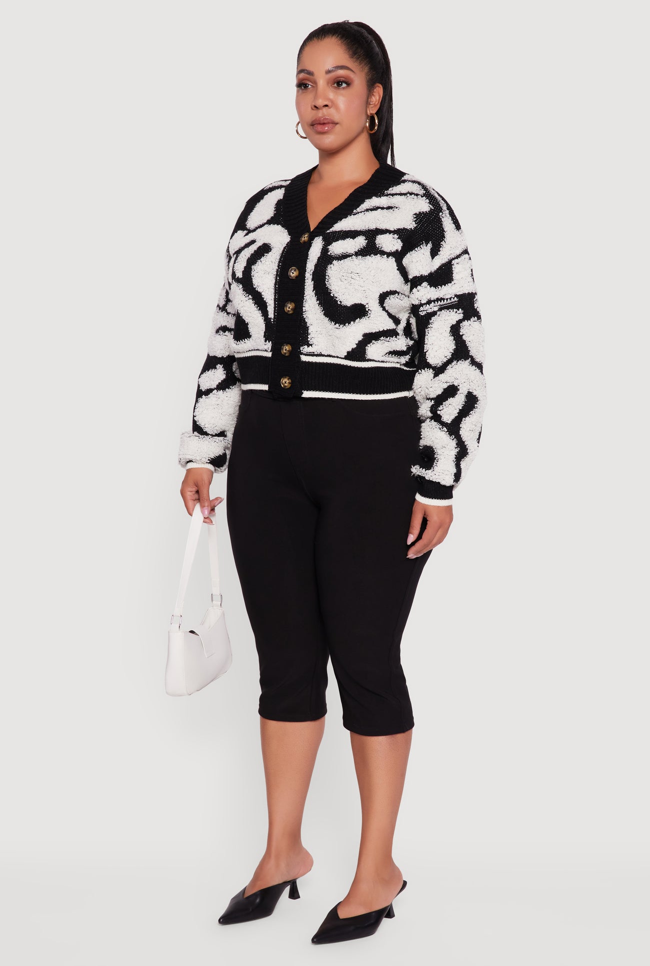 Plus Size Tufted Knit Cropped Button Front Cardigan