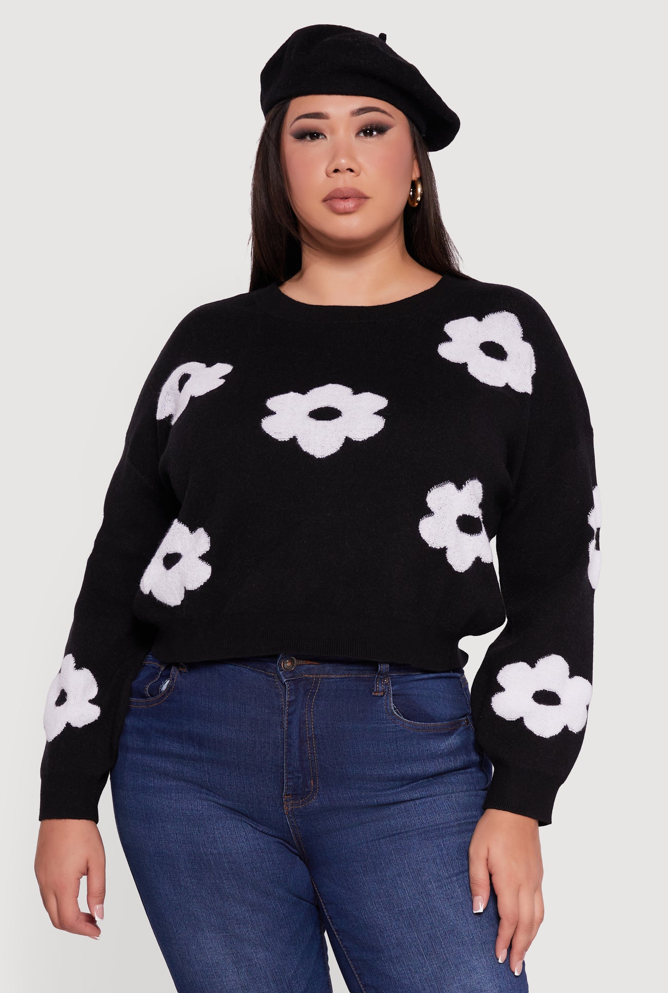 Plus Size Boucle Floral Long Sleeve Crew Neck Sweater