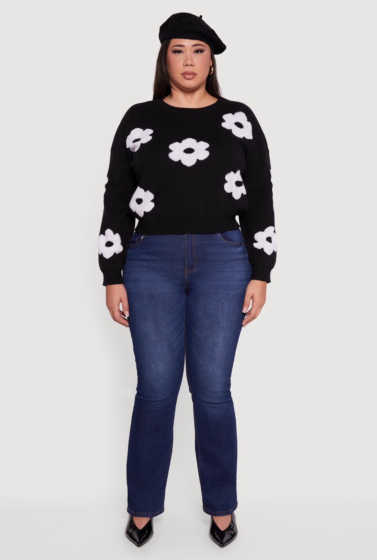 Plus Size Boucle Floral Long Sleeve Crew Neck Sweater