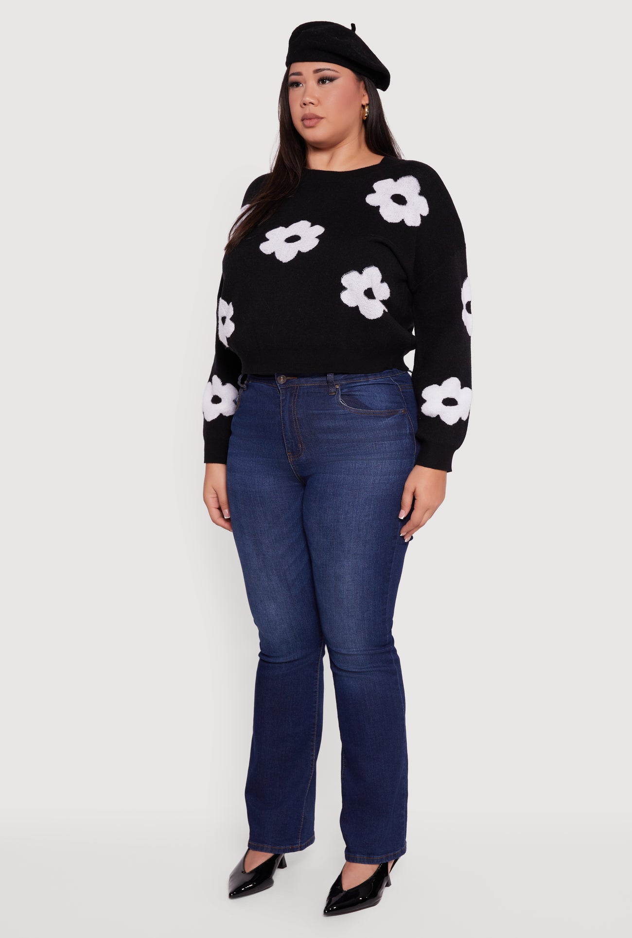 Plus Size Boucle Floral Long Sleeve Crew Neck Sweater