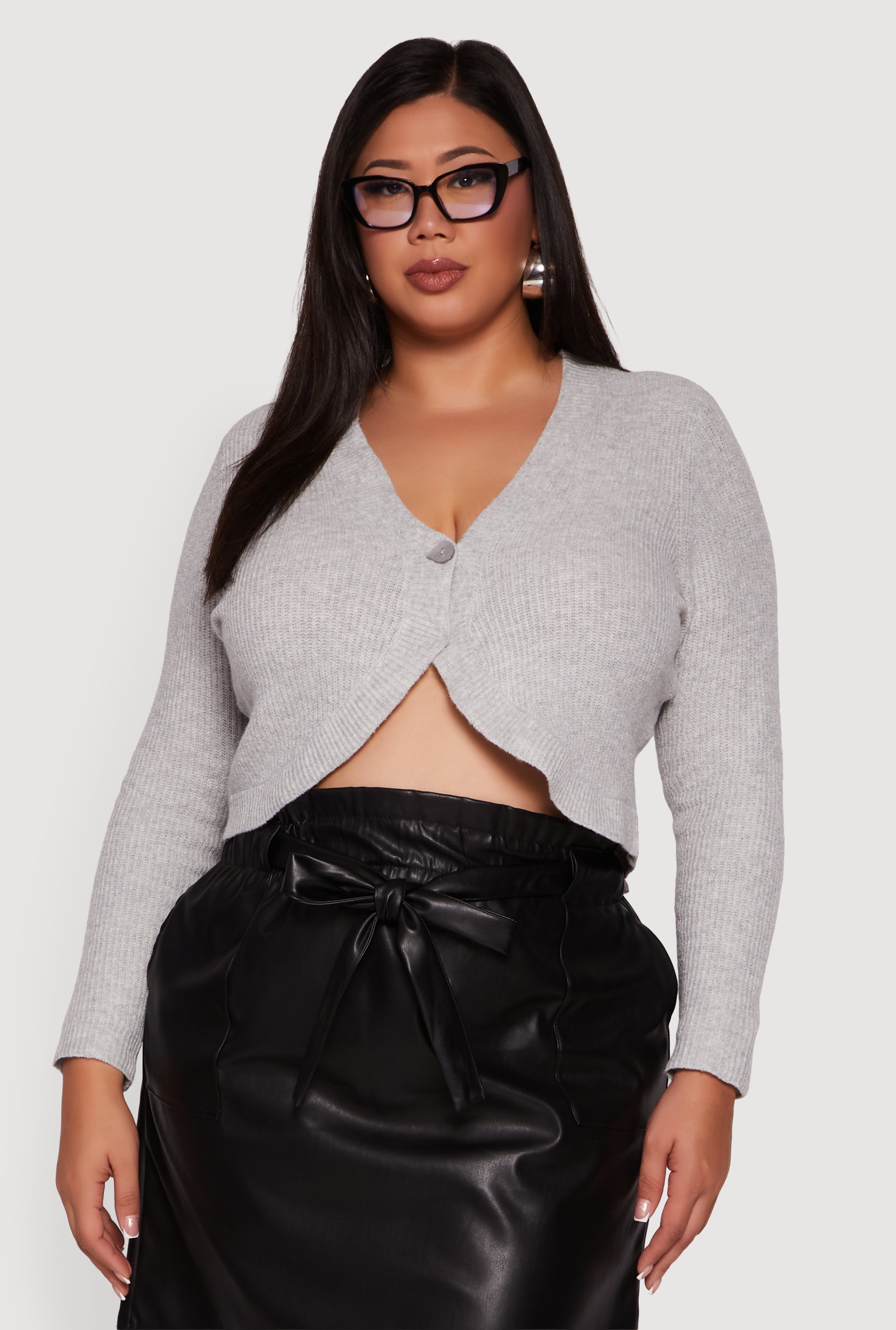 Plus Size One Button Long Sleeve Cropped Cardigan