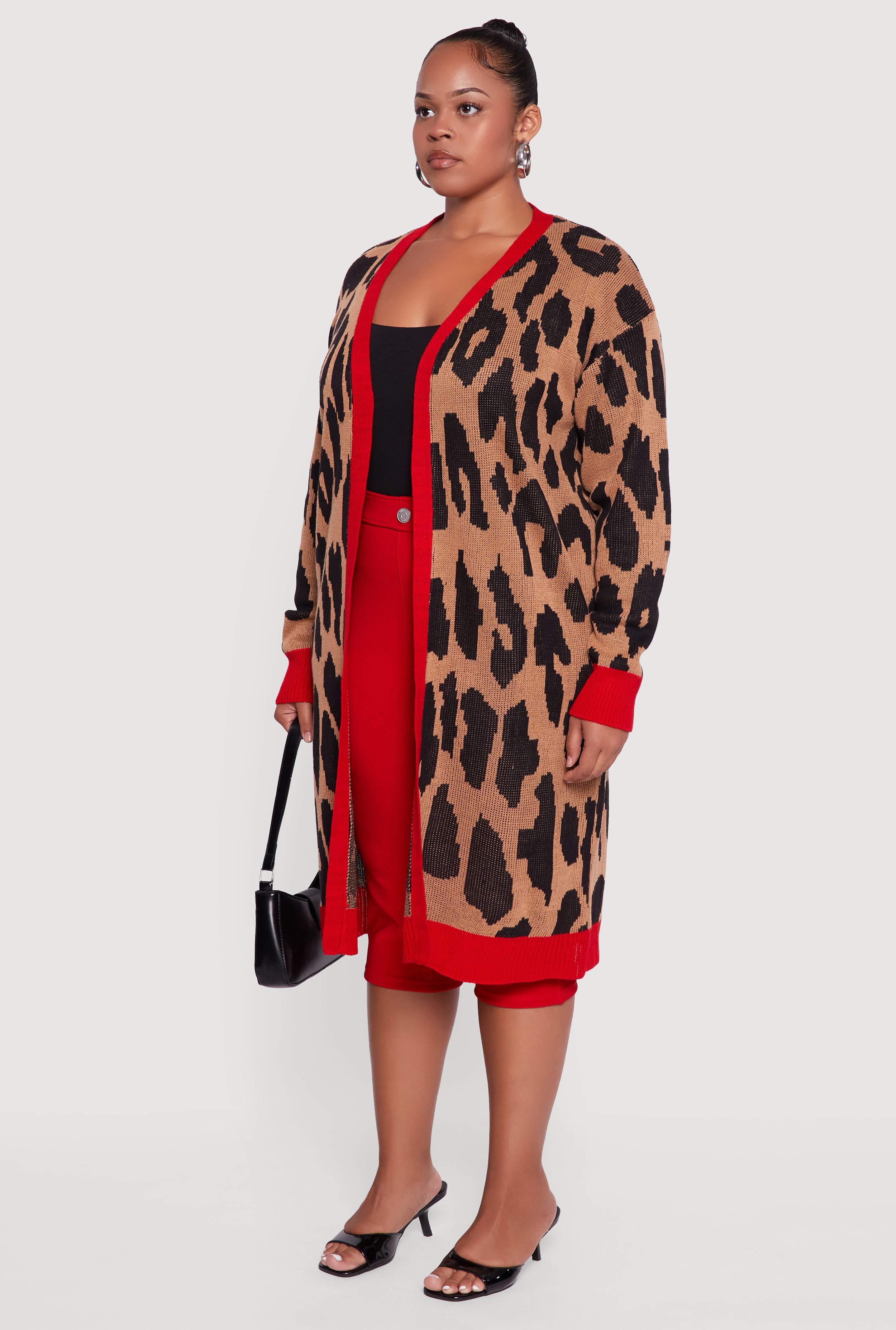 Plus Size Leopard Print Open Front Long Cardigan