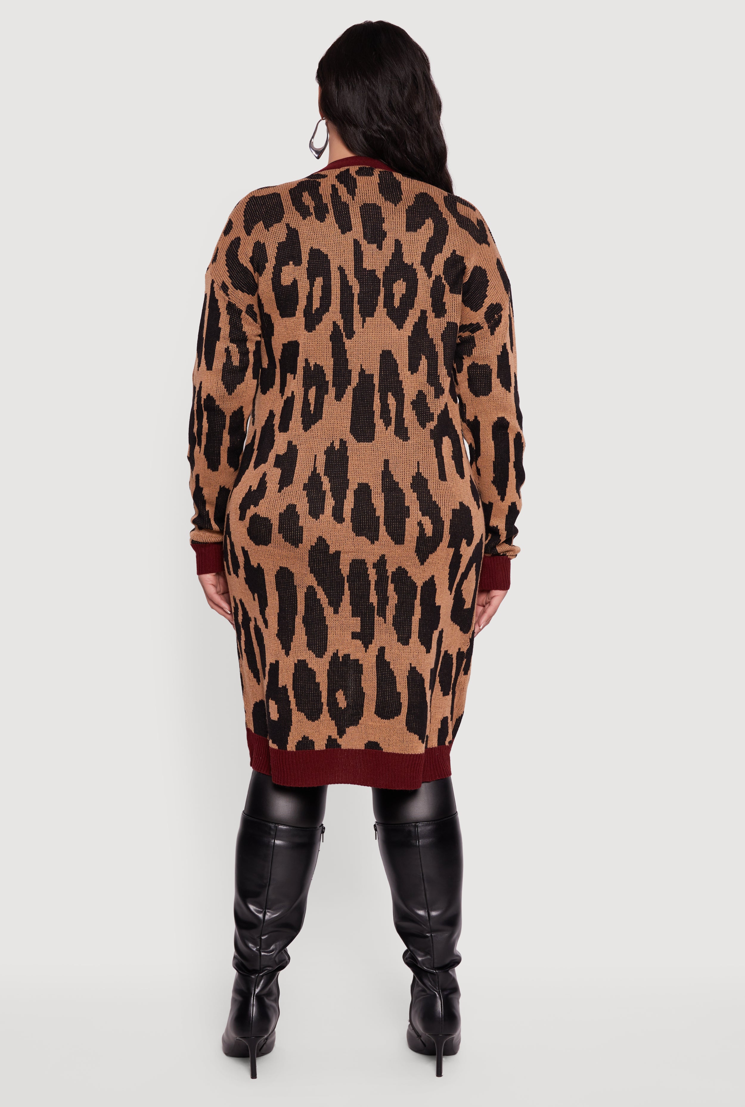 Plus Size Leopard Print Open Front Long Cardigan