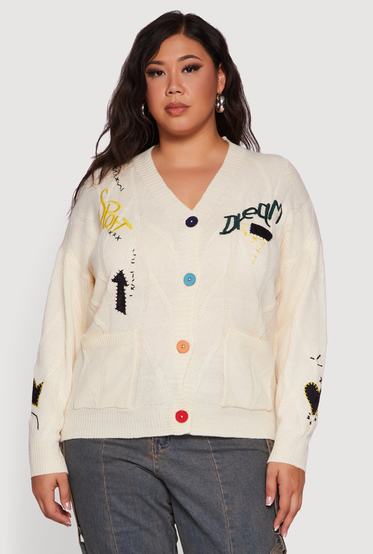 Plus Size Embroidered Patch Button Front Cardigan