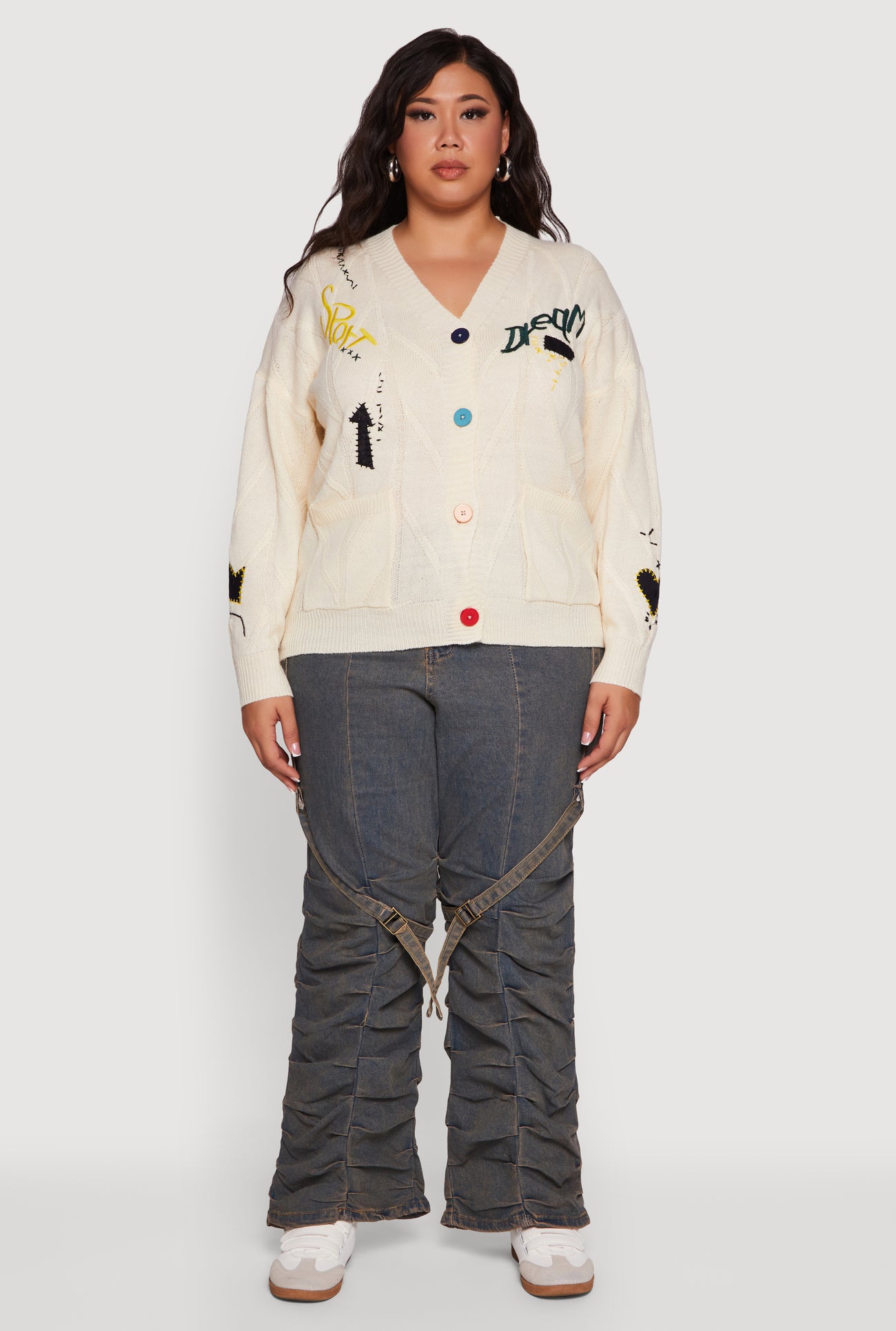 Plus Size Embroidered Patch Button Front Cardigan