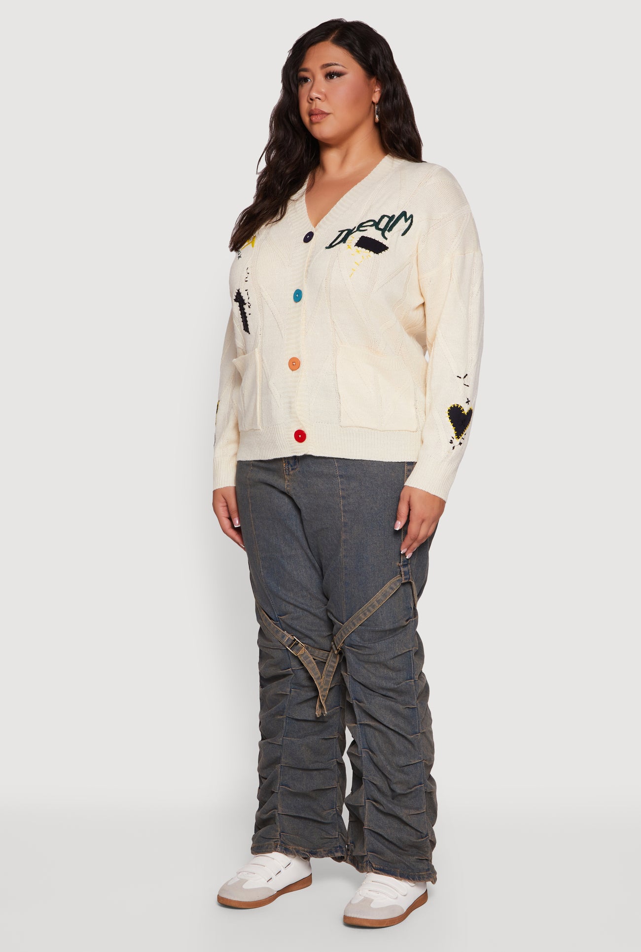 Plus Size Embroidered Patch Button Front Cardigan