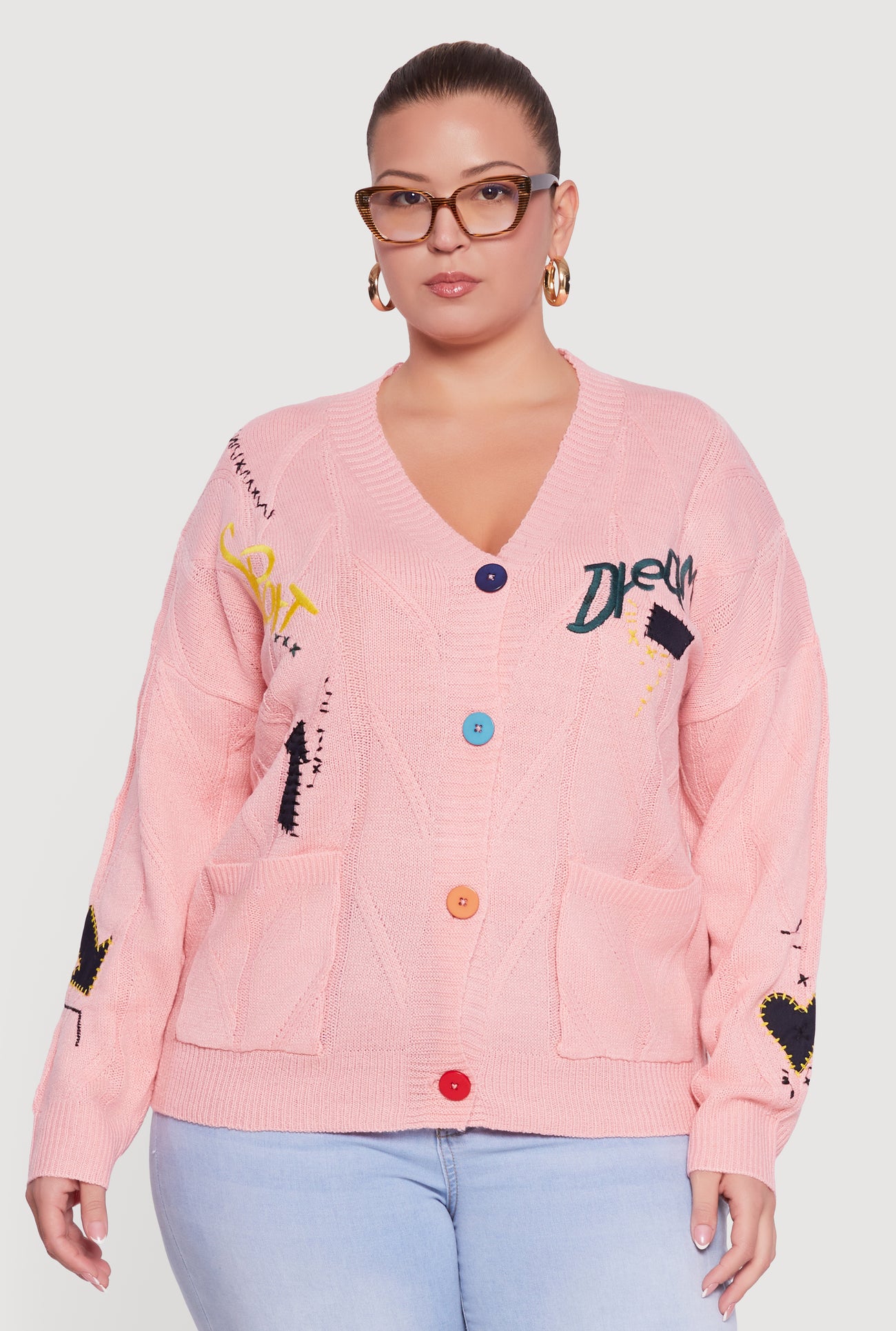 Plus Size Embroidered Patch Button Front Cardigan