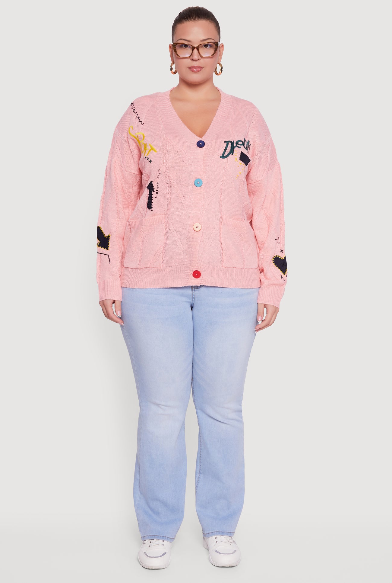 Plus Size Embroidered Patch Button Front Cardigan