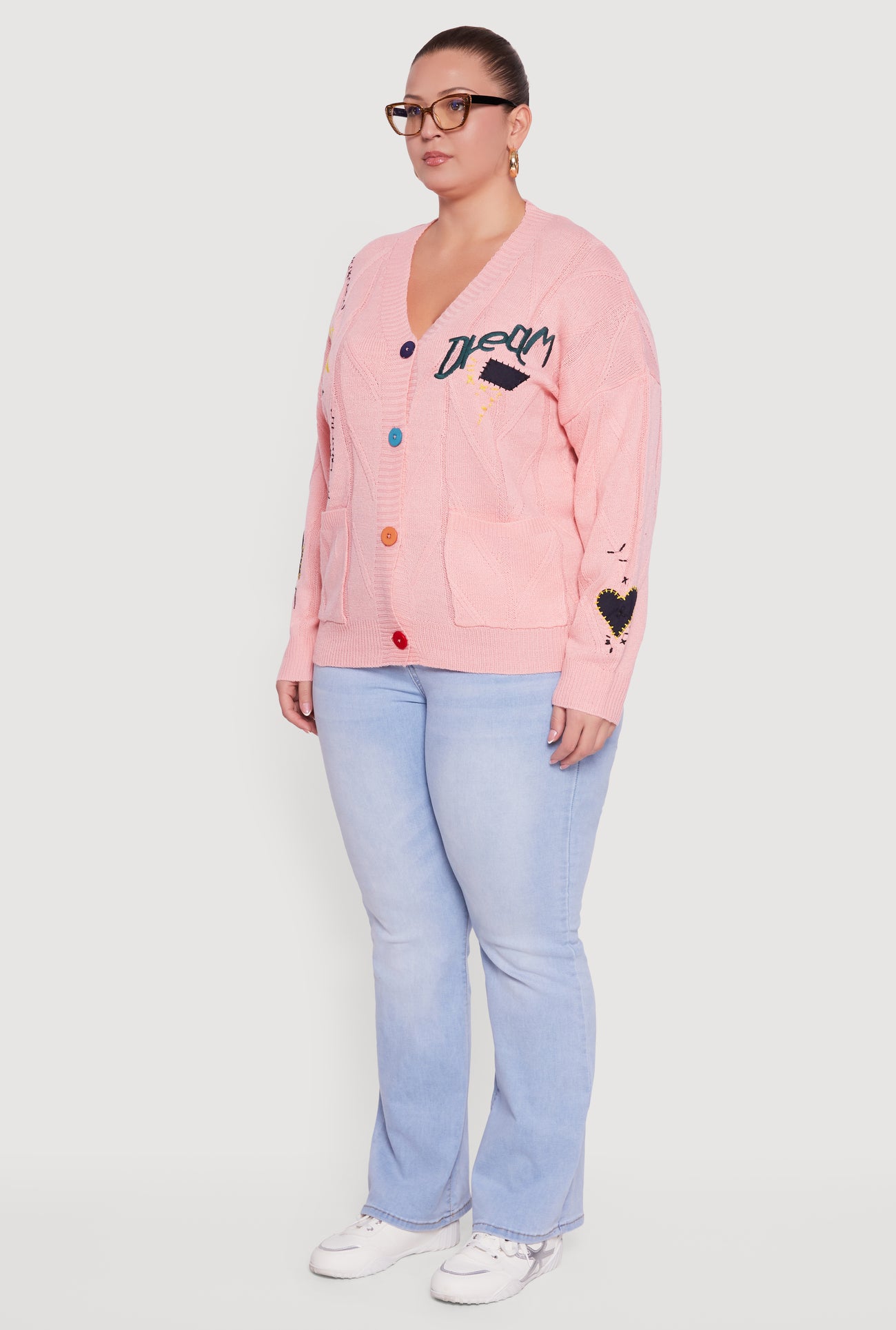 Plus Size Embroidered Patch Button Front Cardigan