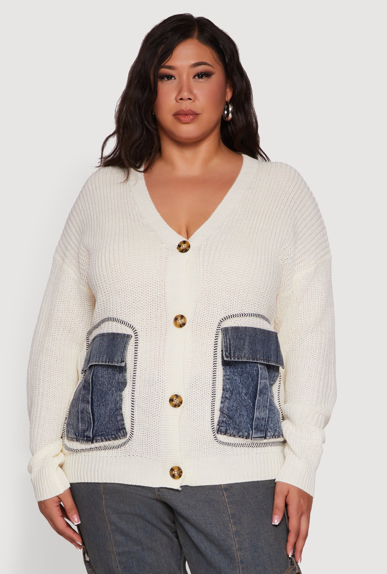 Plus Size Denim Pocket Contrast Trim Button Front Cardigan