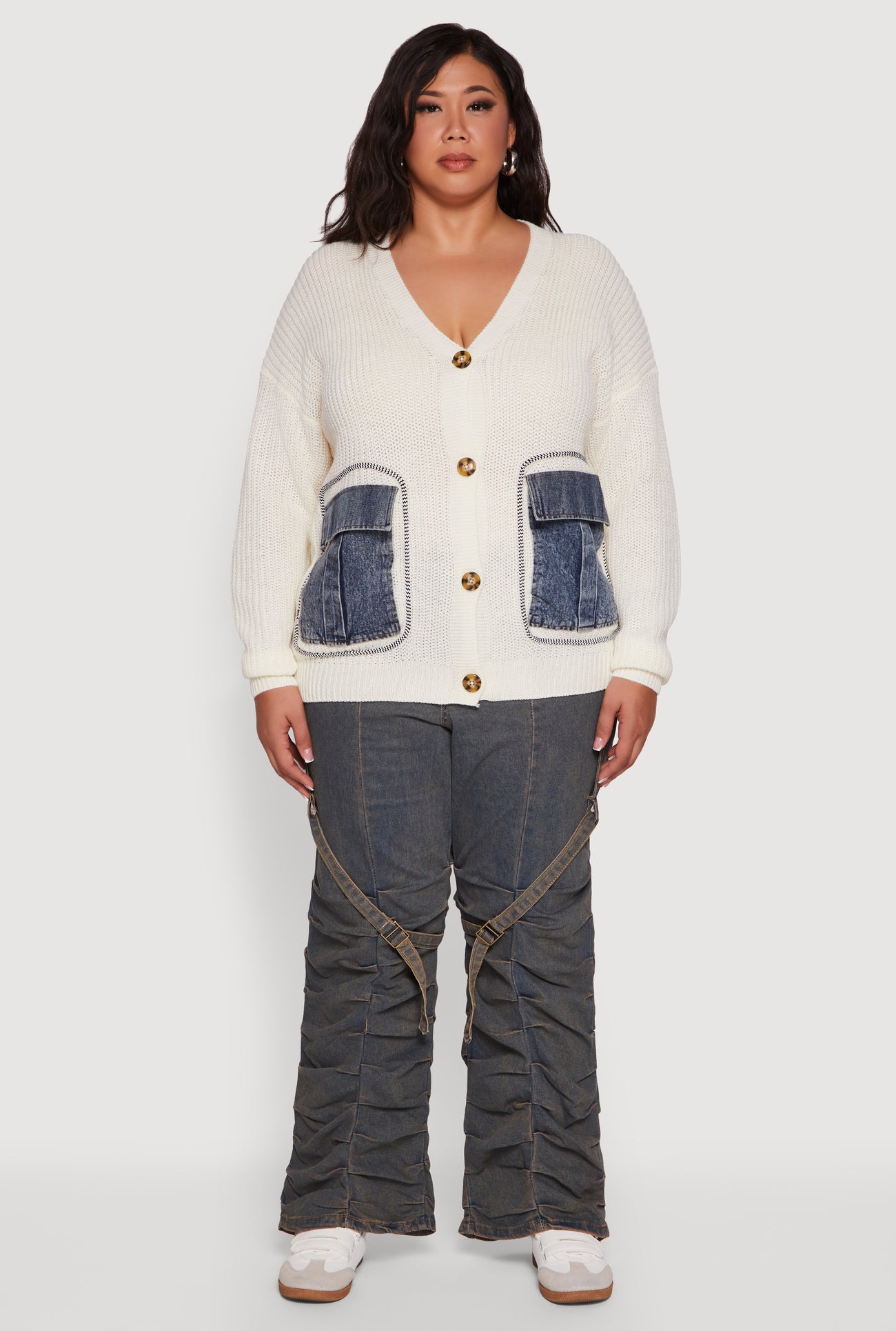 Plus Size Denim Pocket Contrast Trim Button Front Cardigan