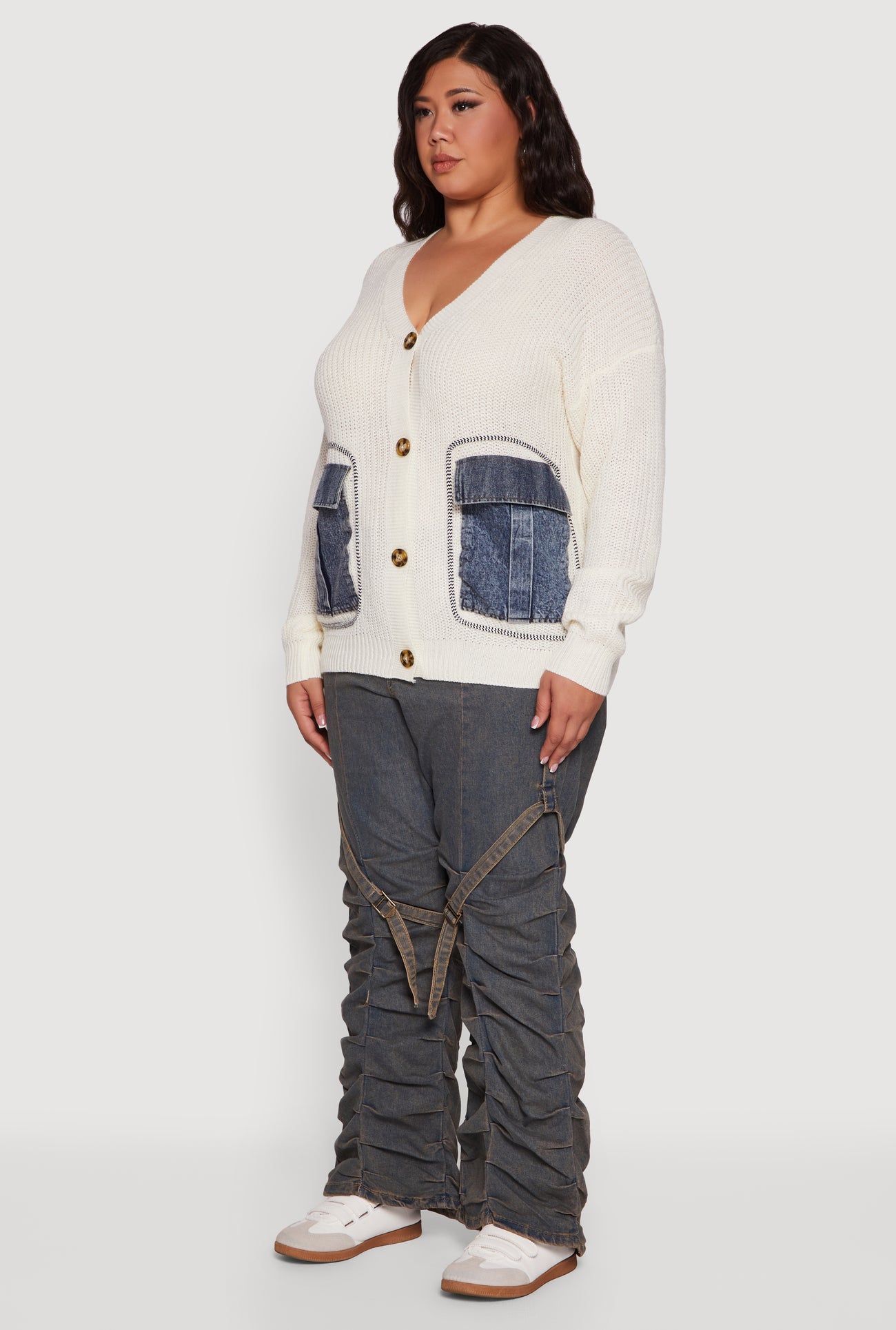Plus Size Denim Pocket Contrast Trim Button Front Cardigan