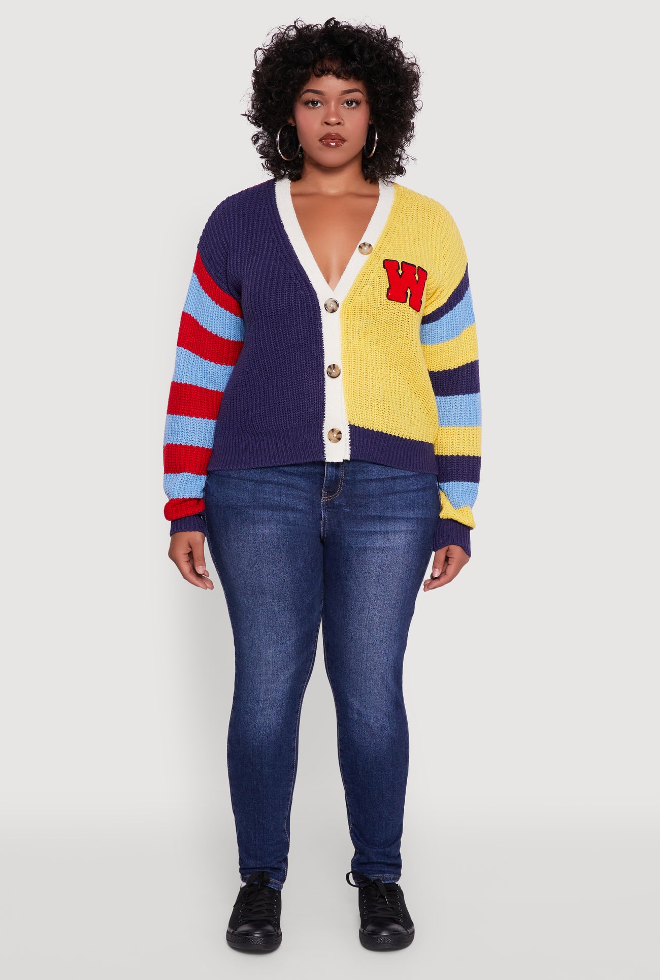 Plus Size Color Blocked Striped W Patch Graphic Cardigan