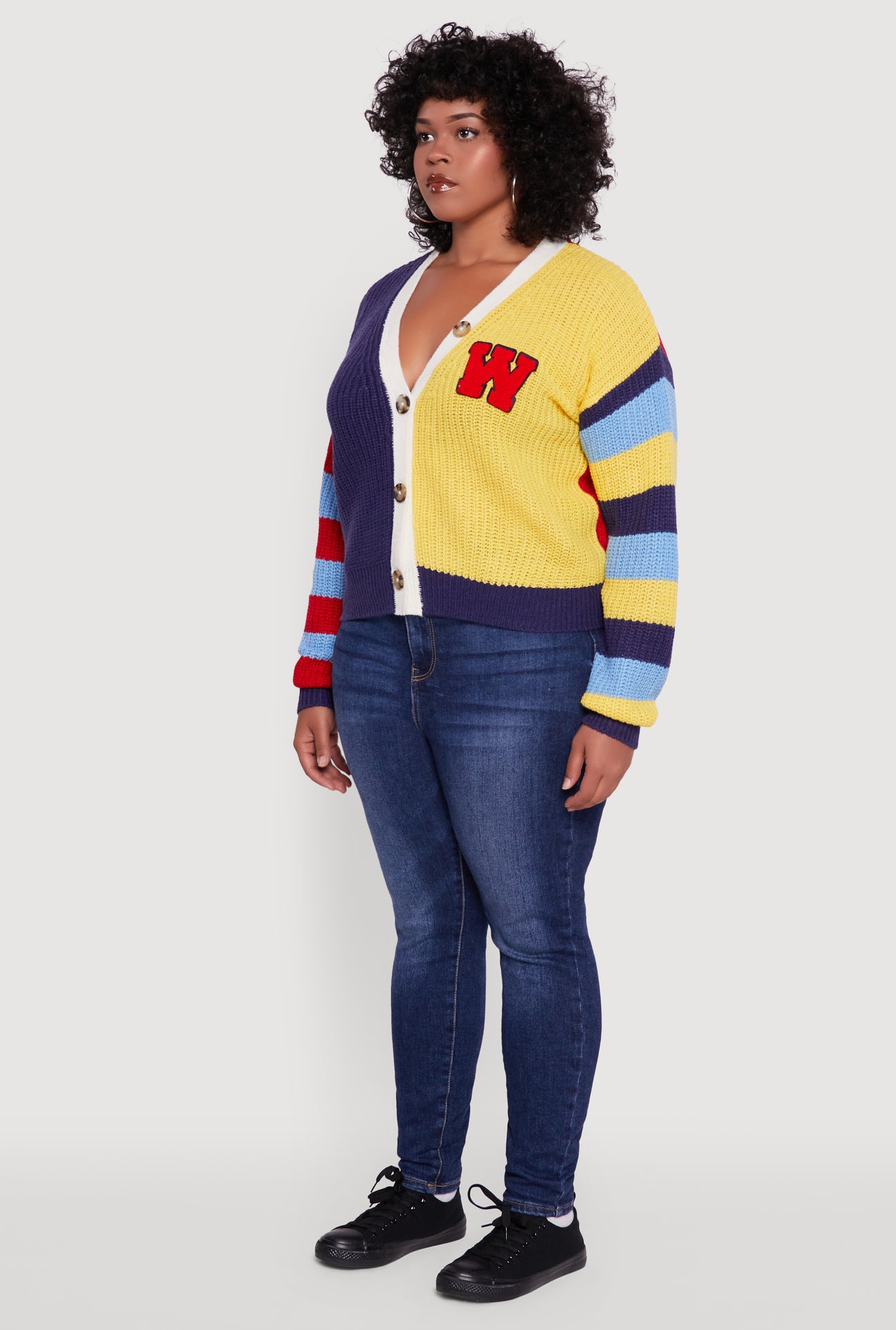 Plus Size Color Blocked Striped W Patch Graphic Cardigan