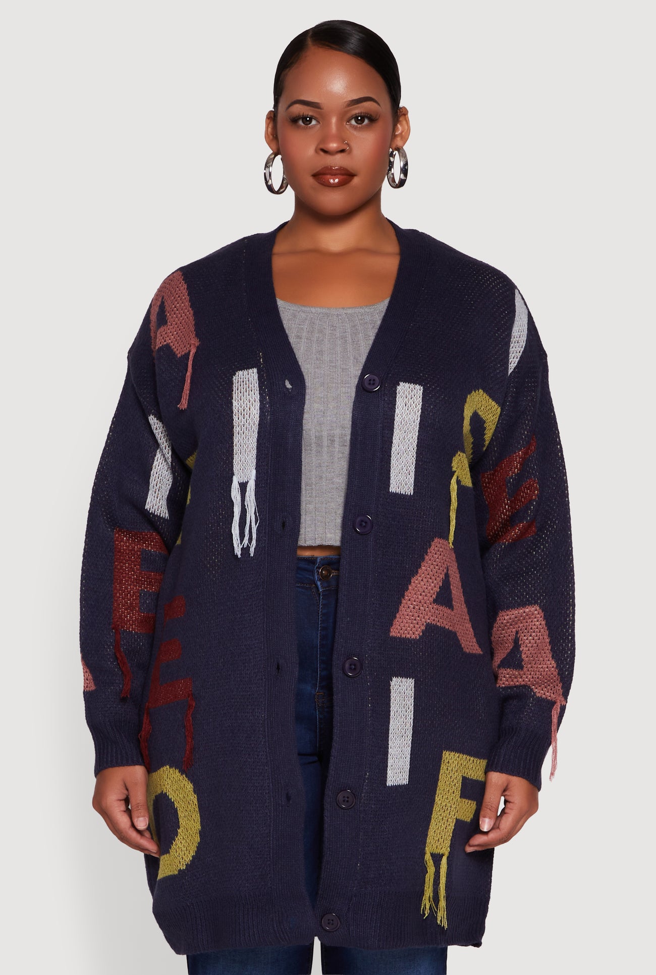 Plus Size Color Blocked Alphabet Fringe Detail Cardigan