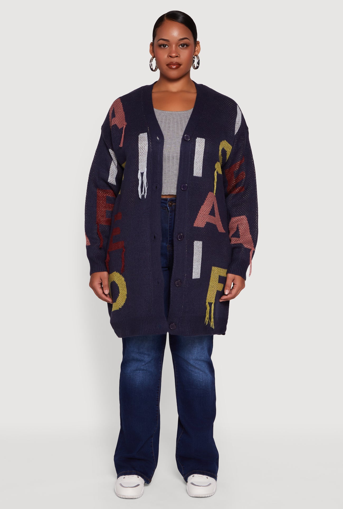 Plus Size Color Blocked Alphabet Fringe Detail Cardigan
