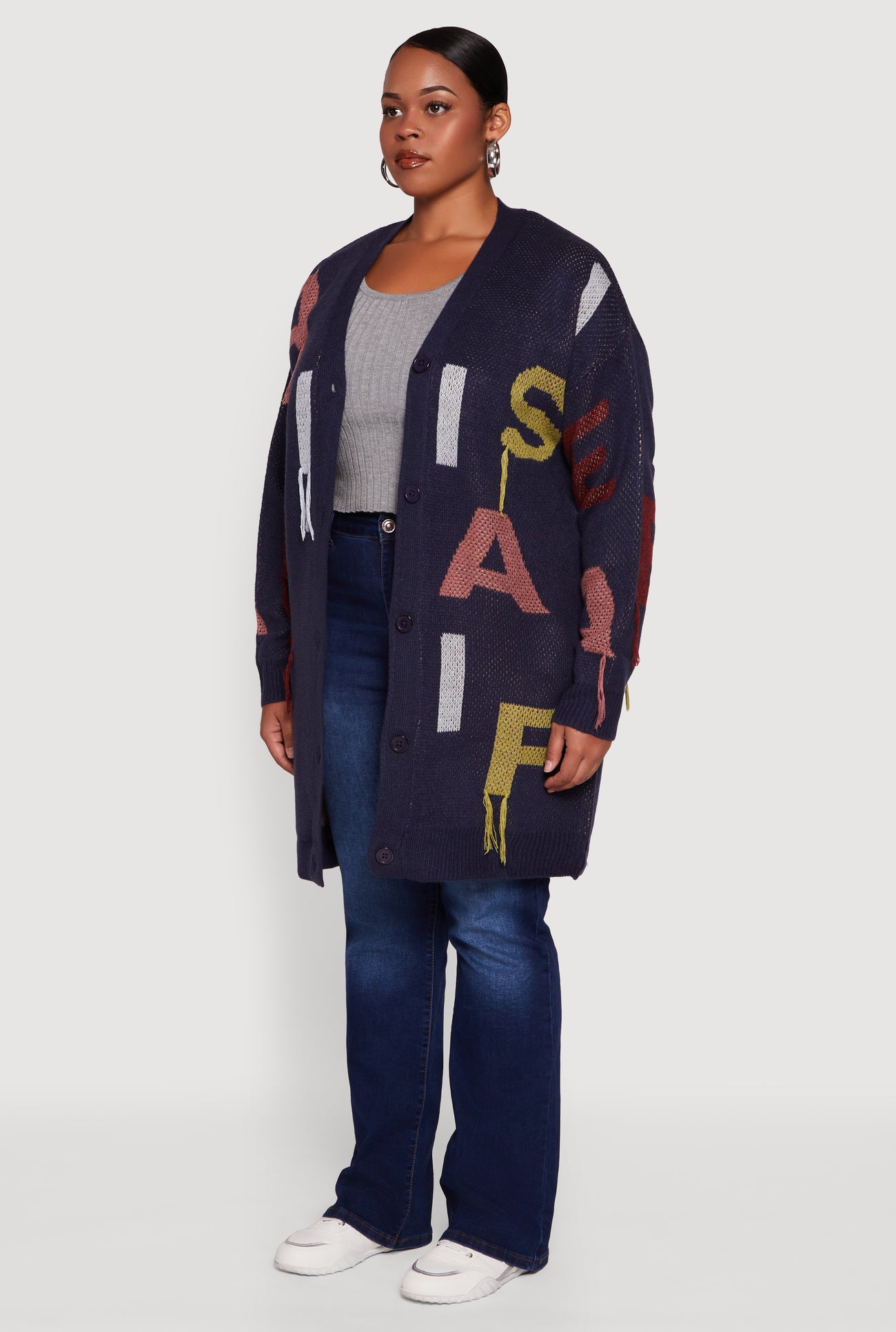 Plus Size Color Blocked Alphabet Fringe Detail Cardigan