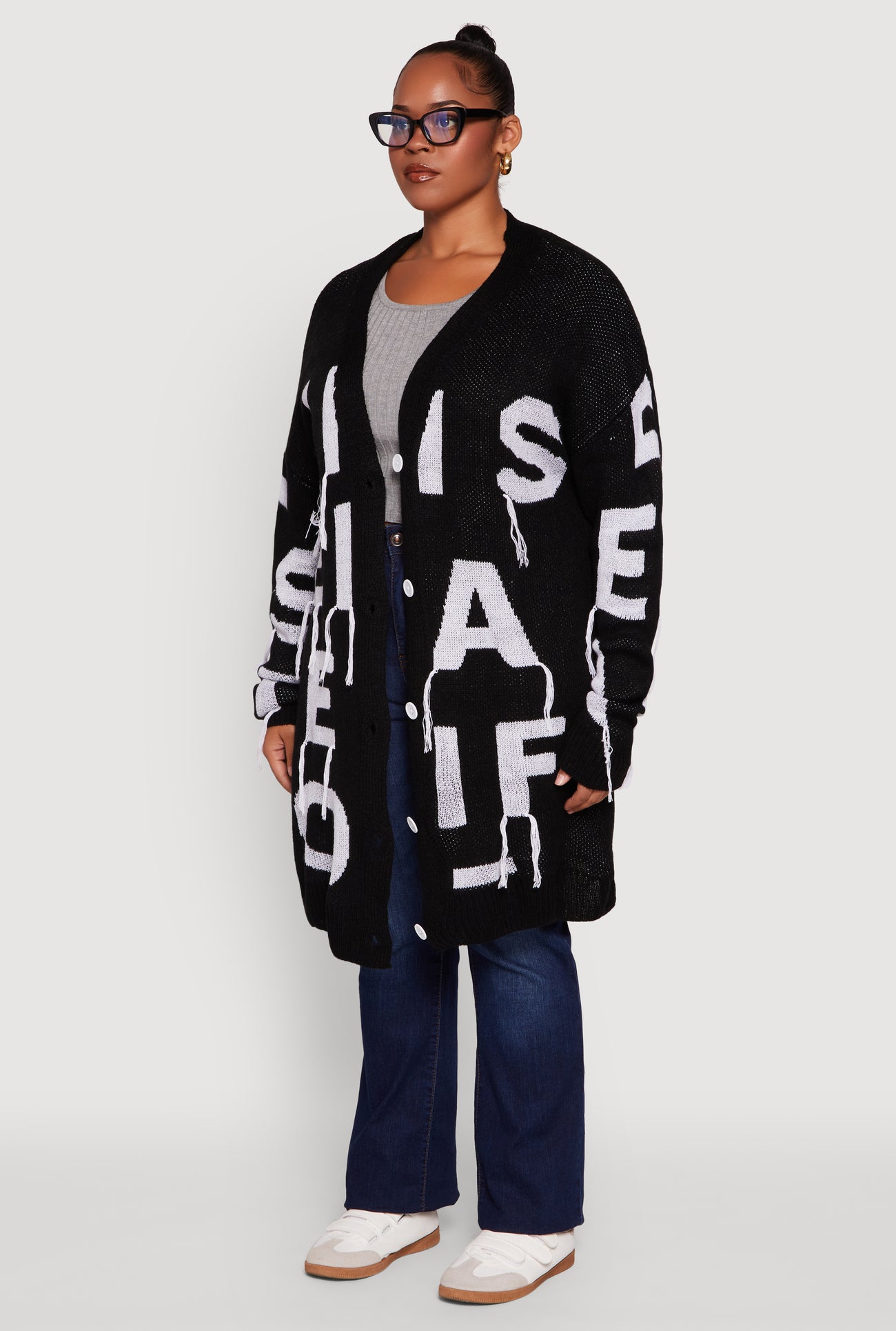 Plus Size Alphabet Fringe Detail Long Cardigan