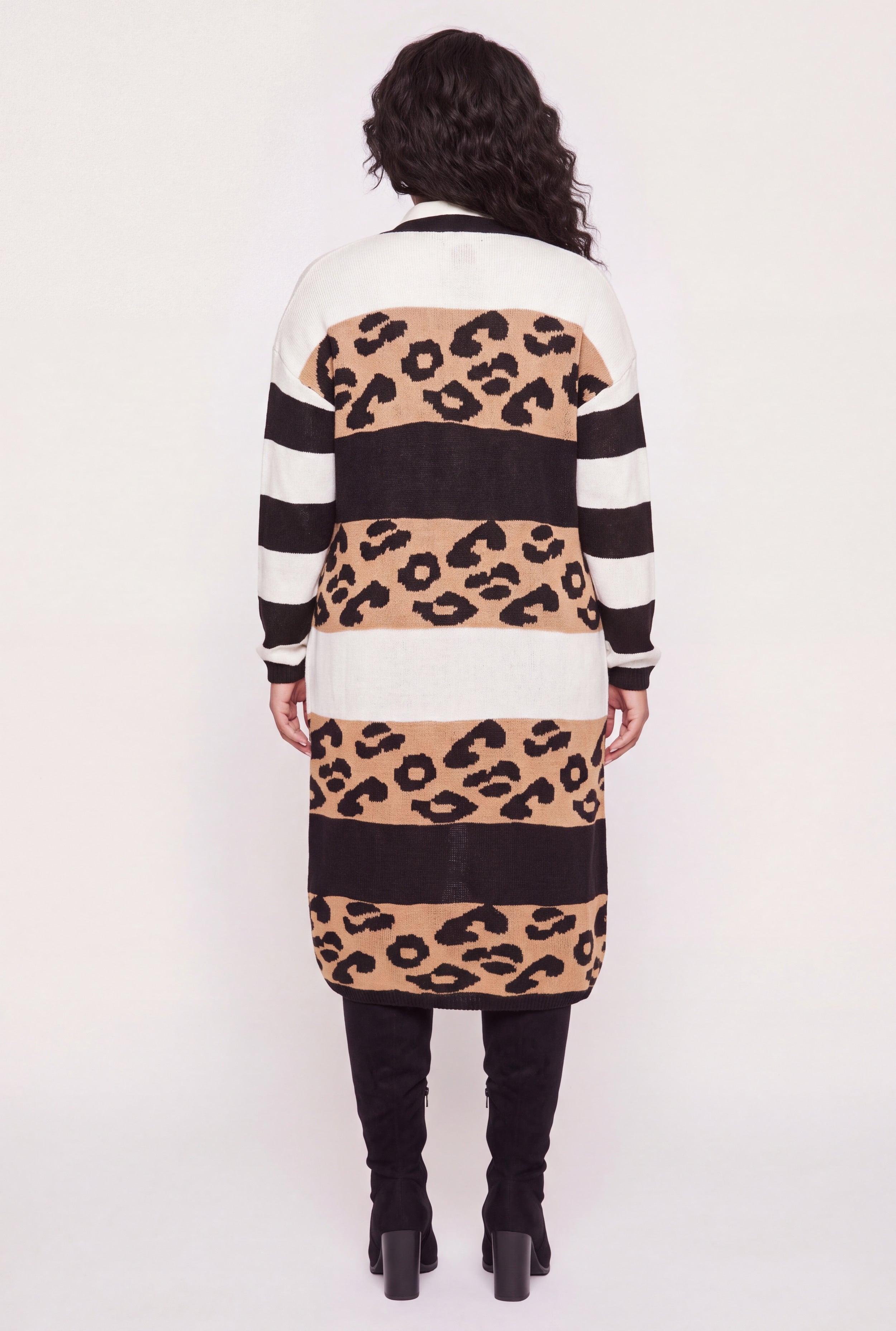 Plus Size Color Blocked Leopard Print Open Front Long Cardigan