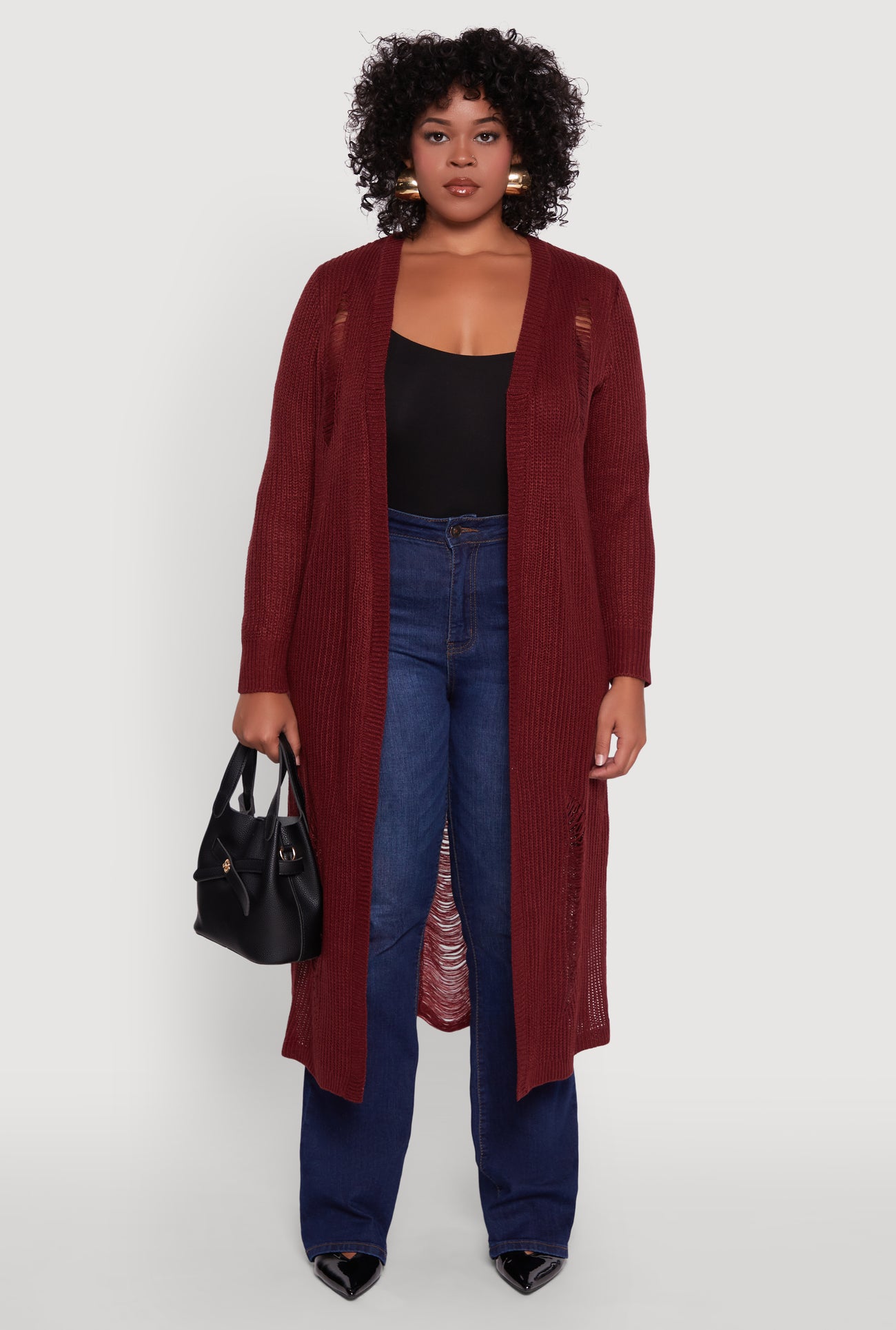 Plus Size Distressed Long Sleeve Open Front Long Cardigan