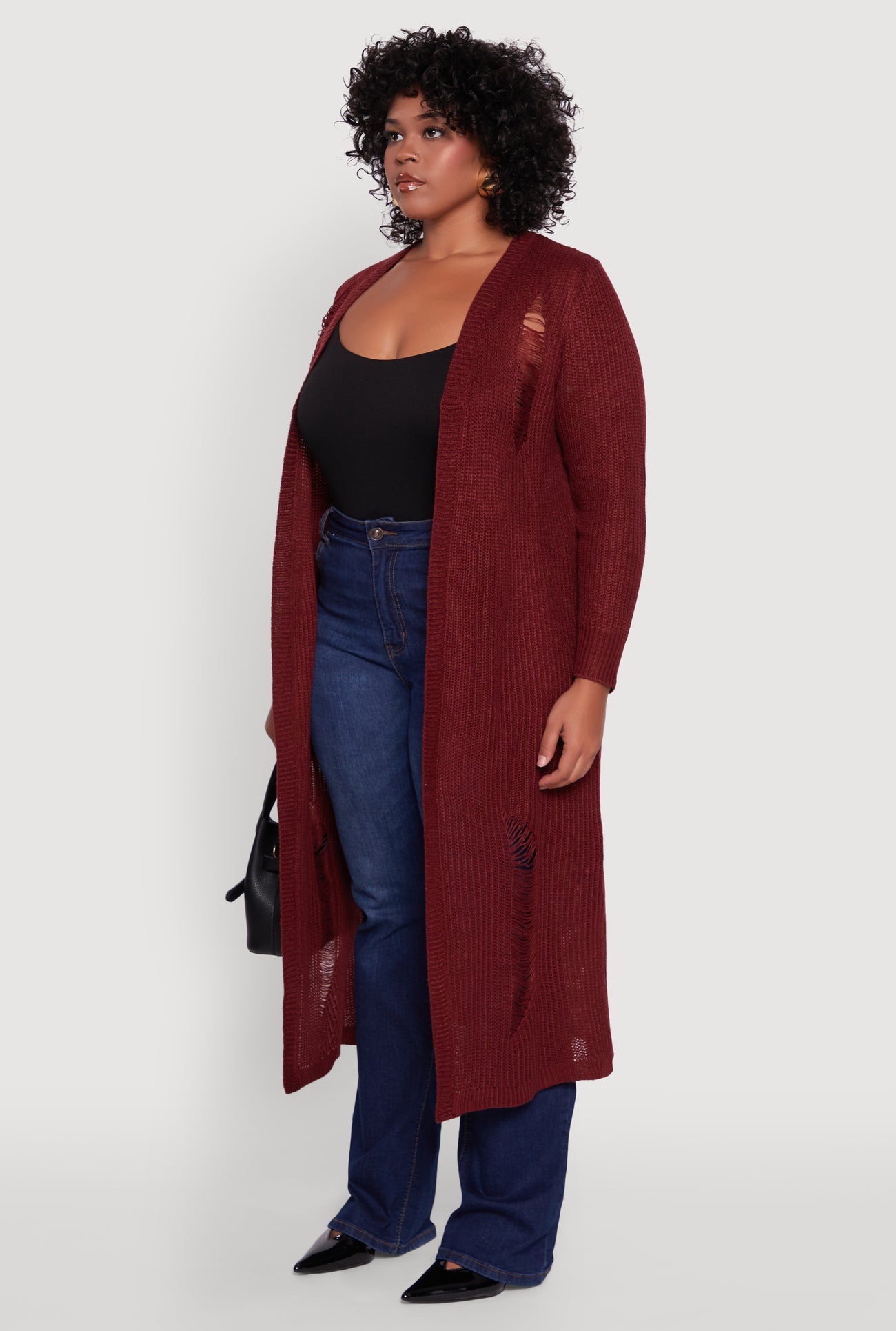 Plus Size Distressed Long Sleeve Open Front Long Cardigan