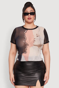 Plus Size Faces Graphic Print Mesh Crop Top