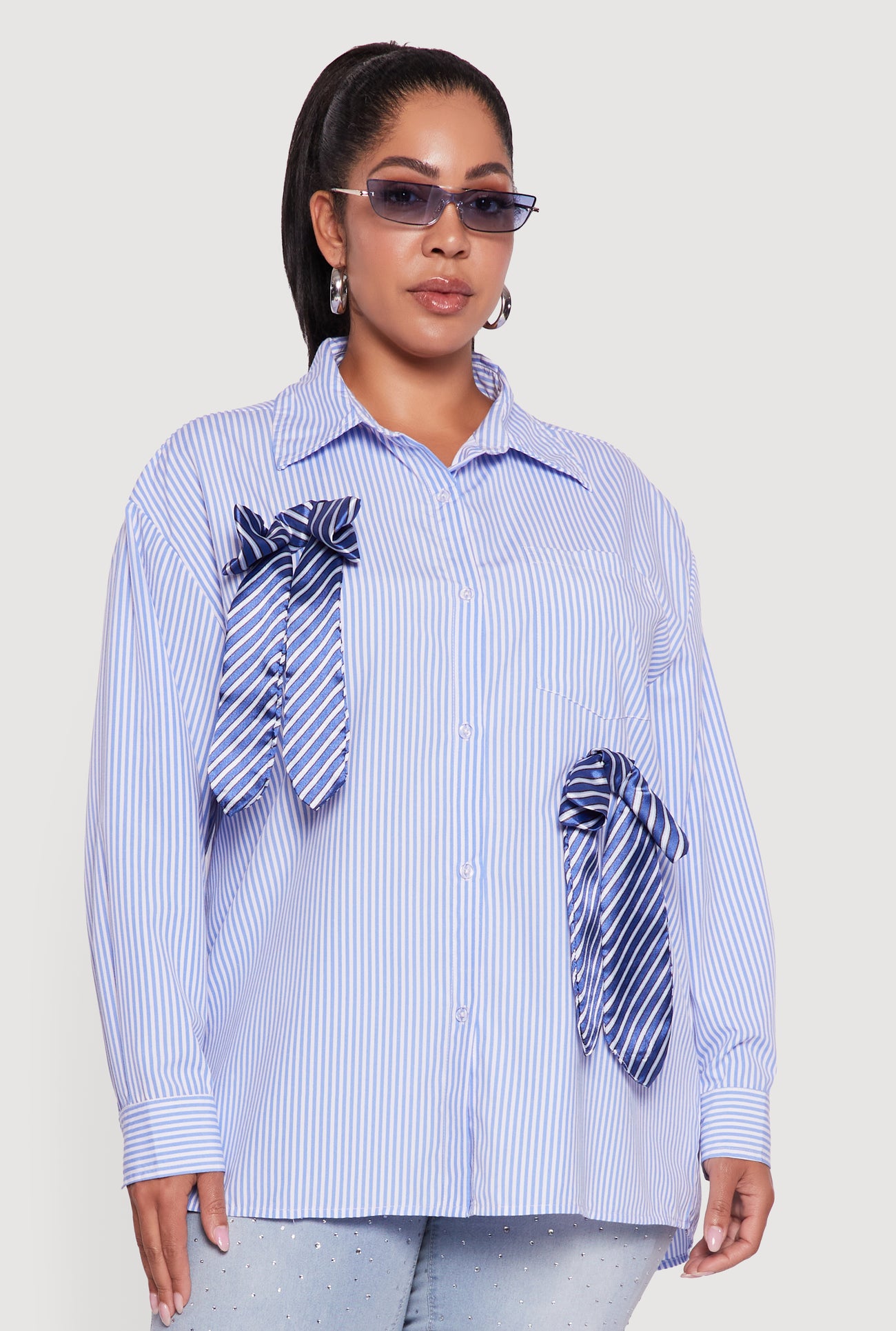 Plus Size Striped Bow Detail Button Down Shirt