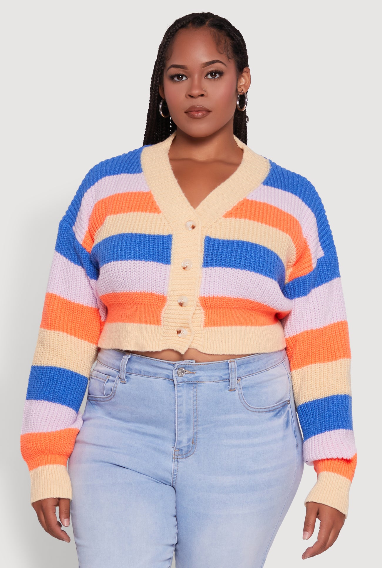 Plus Size Daisy Striped Cropped Button Front Cardigan