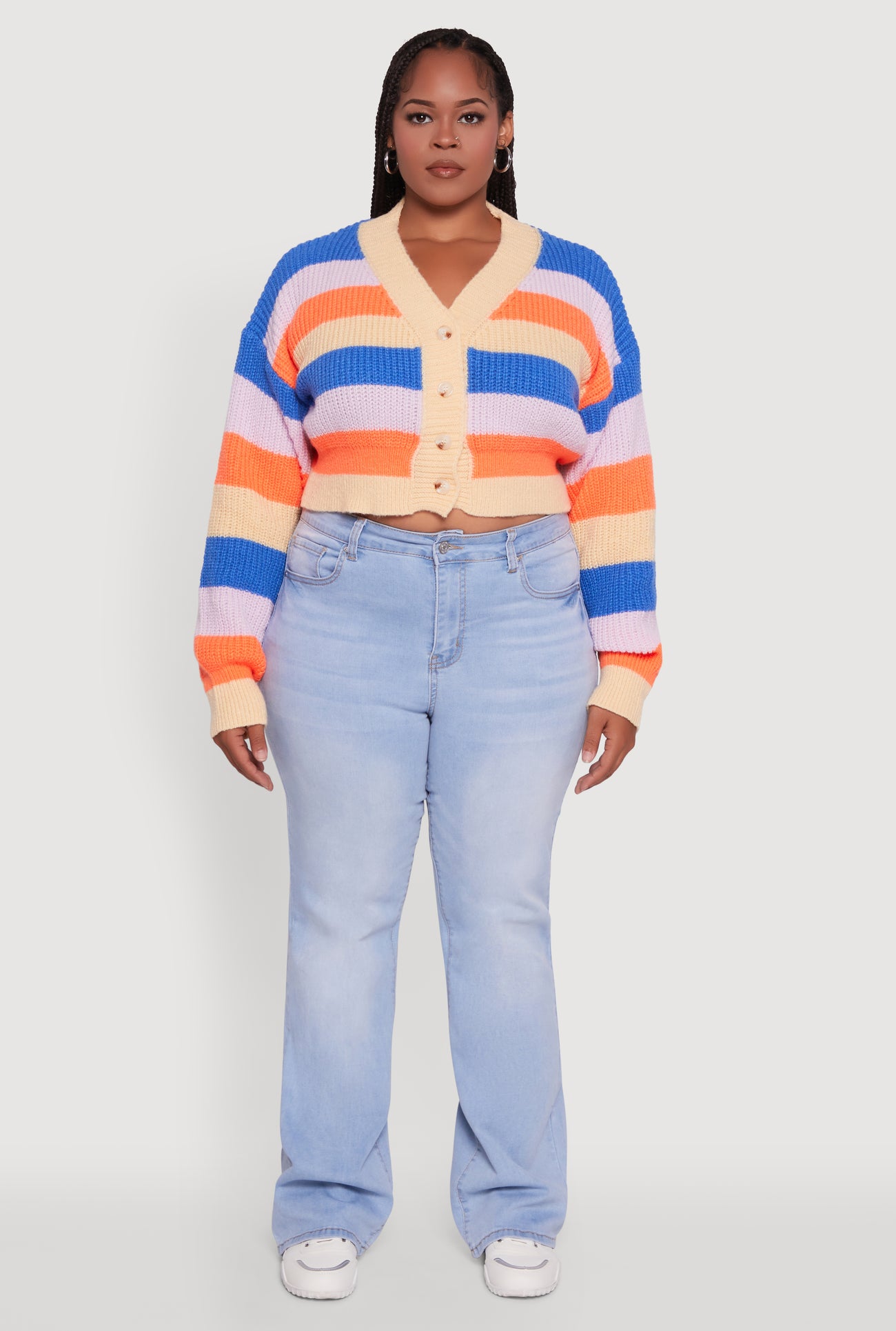 Plus Size Daisy Striped Cropped Button Front Cardigan