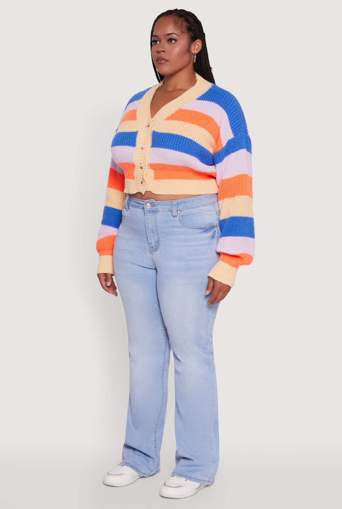 Plus Size Daisy Striped Cropped Button Front Cardigan