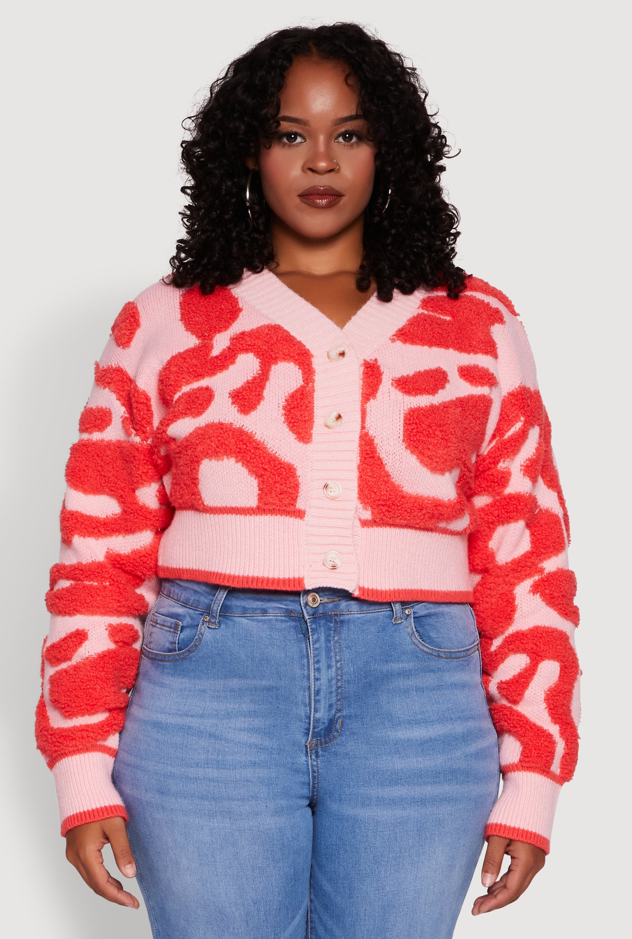 Plus Size Tufted Knit Button Front Cropped Cardigan