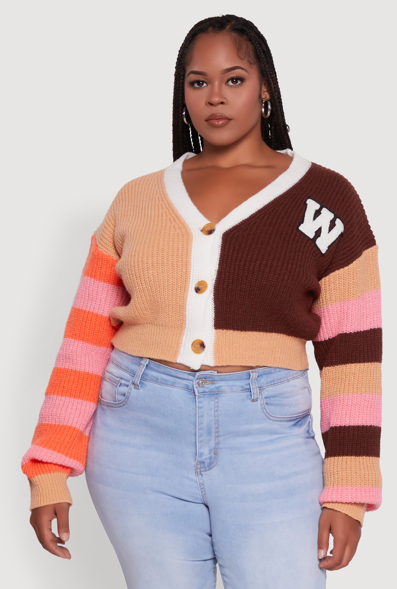 Plus Size Daisy Color Blocked Striped W Initial Cardigan