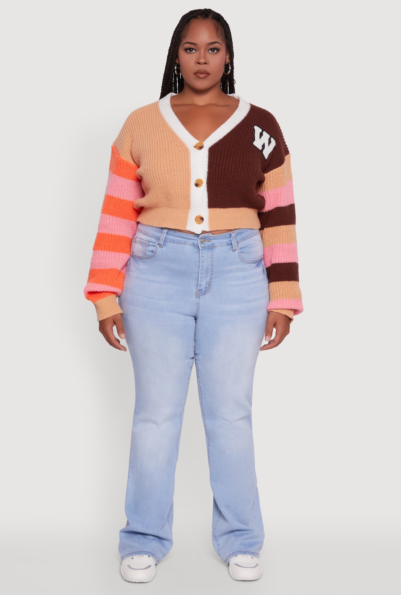 Plus Size Daisy Color Blocked Striped W Initial Cardigan