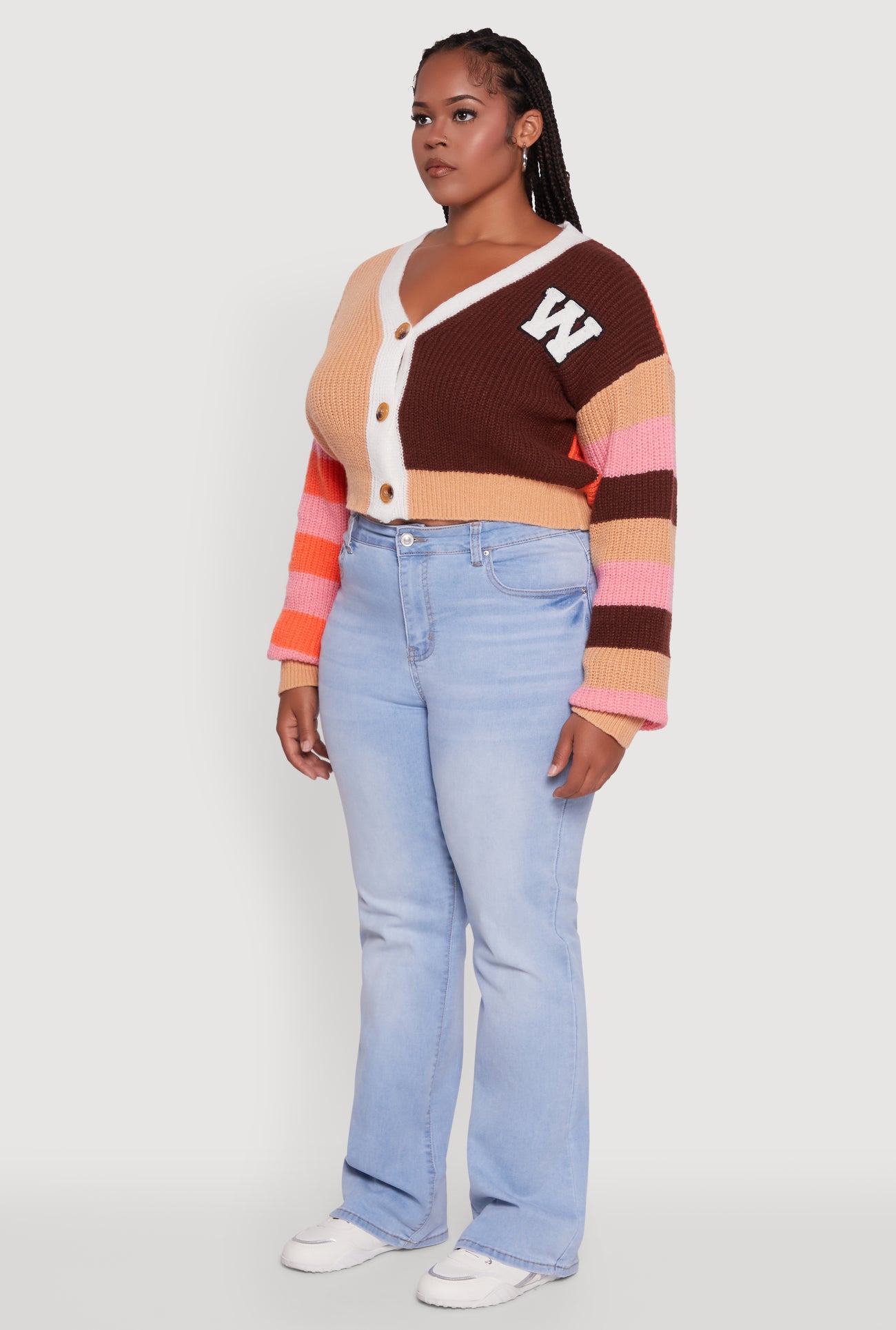 Plus Size Daisy Color Blocked Striped W Initial Cardigan