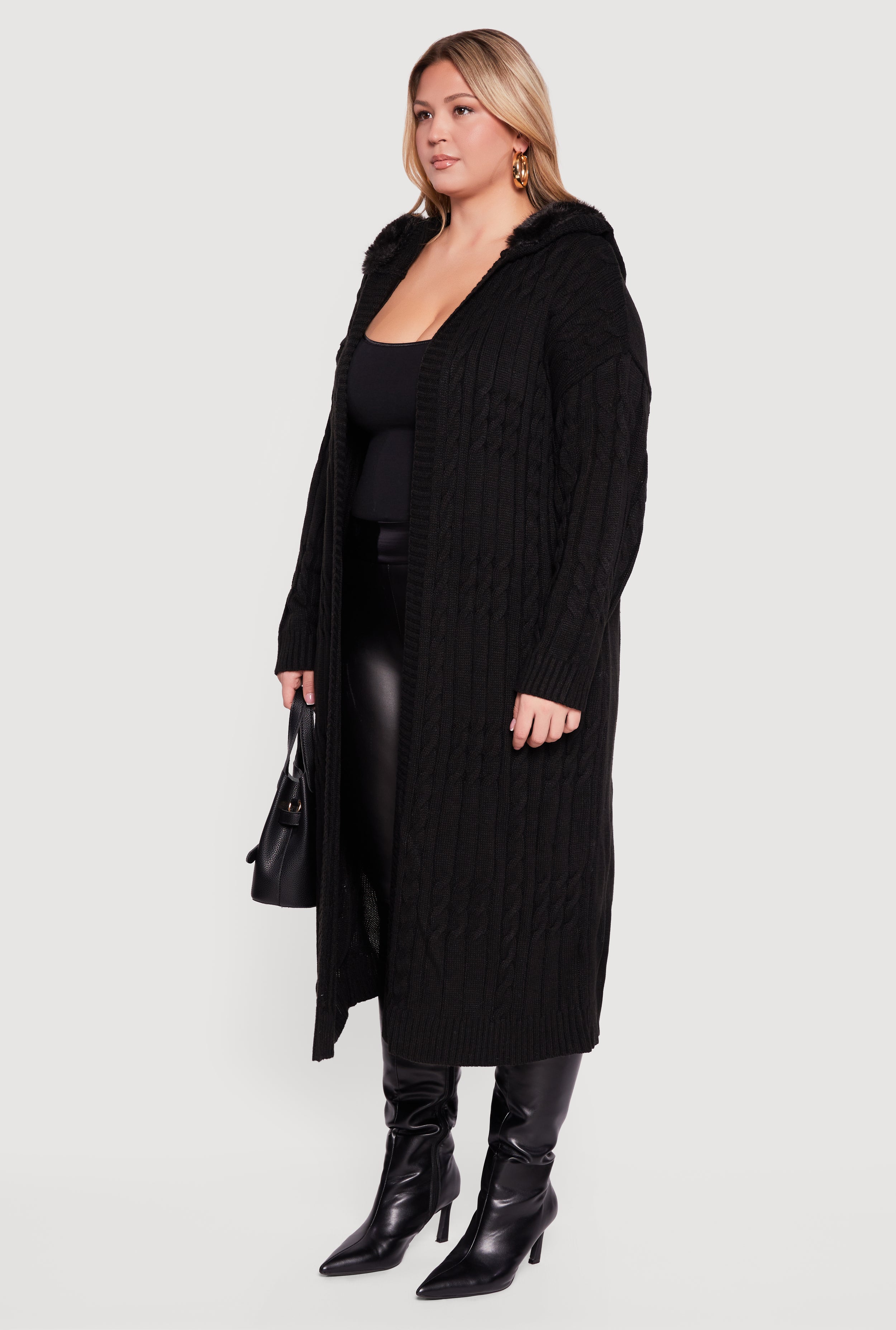Plus Size Almost Famous Faux Fur Trim Hooded Long Cardigan